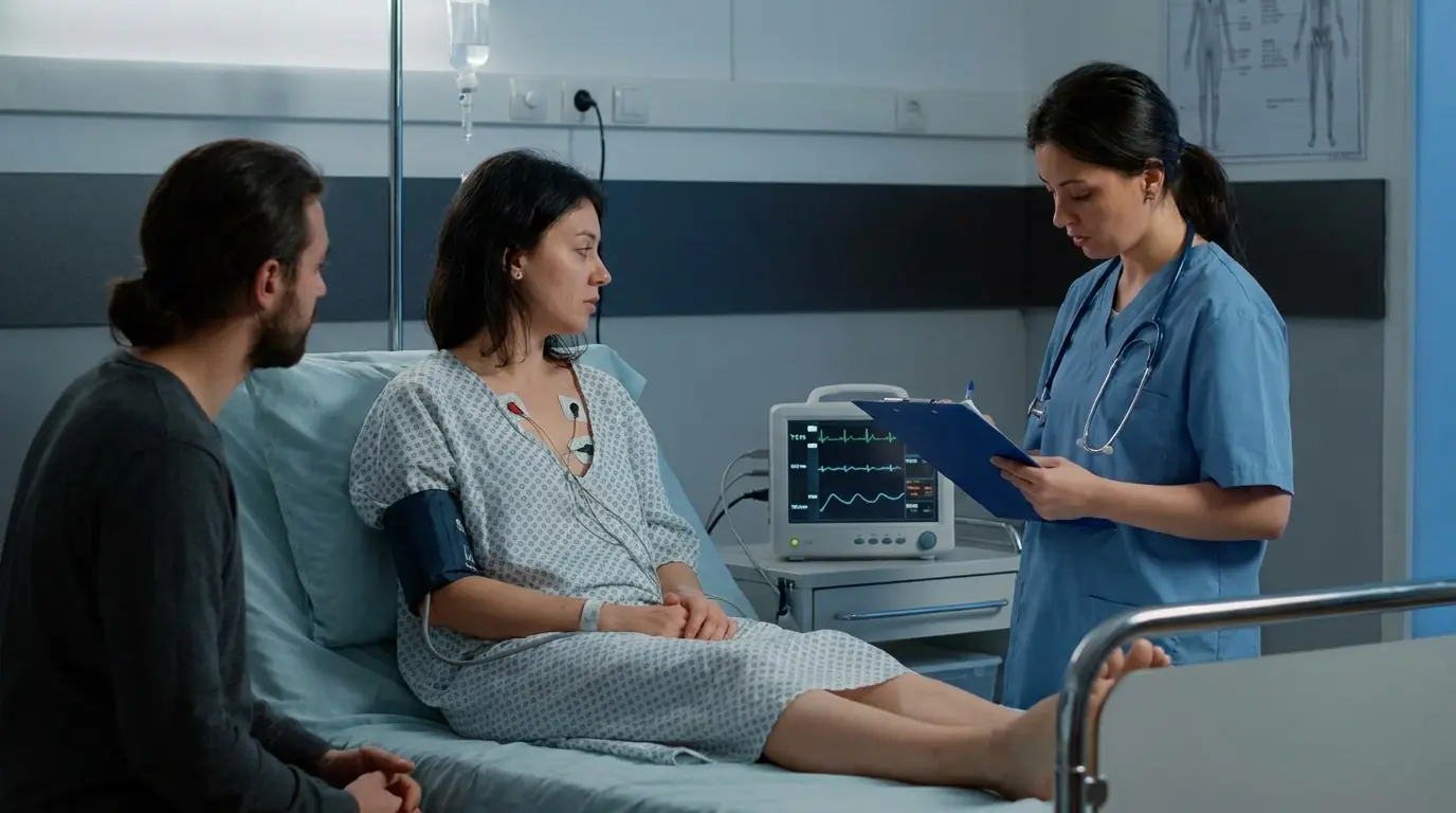 Medical staff preparing a patient for a stress test with ECG electrodes, blood pressure monitoring, and heart health evaluation steps
