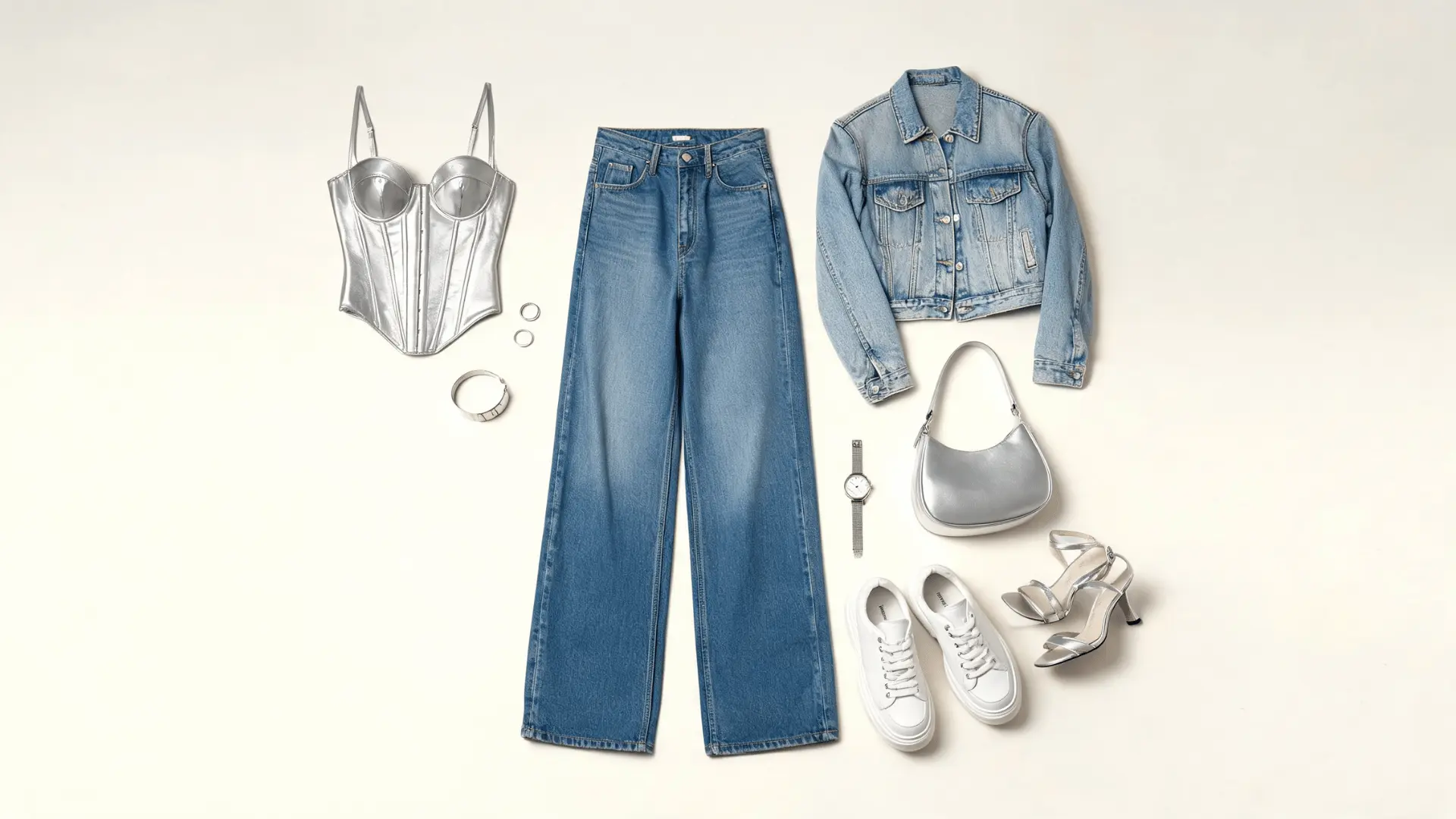 metallic corset wide leg jeans platform sneakers silver heels hoops and shoulder bag in a flat lay outfit board