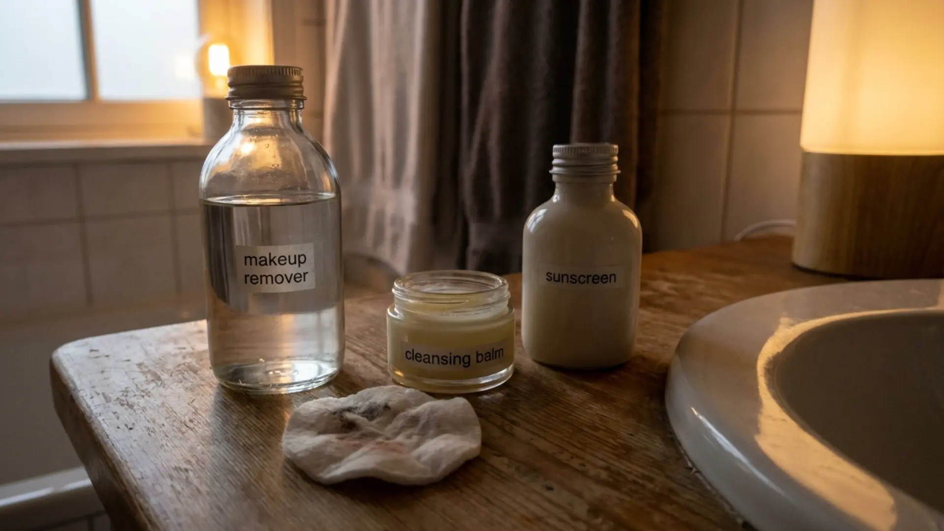 micellar water cleansing balm and a used cotton pad on a bathroom counter near a sink