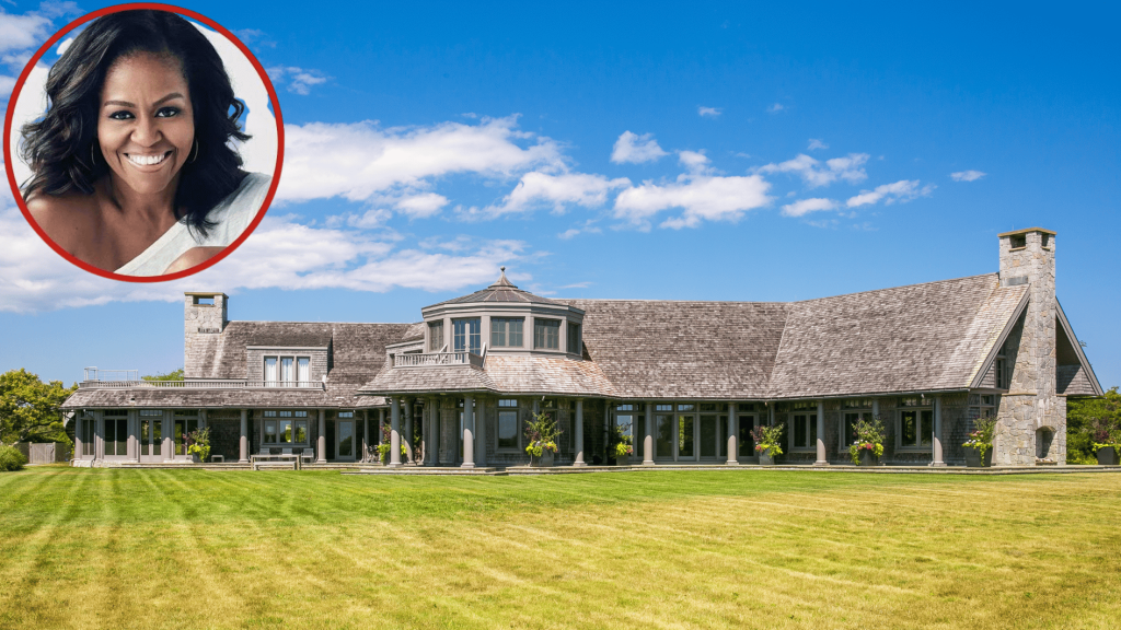 michelle obama house on martha's vineyard showing a spacious coastal estate with lawn, stone exterior, and clear blue sky