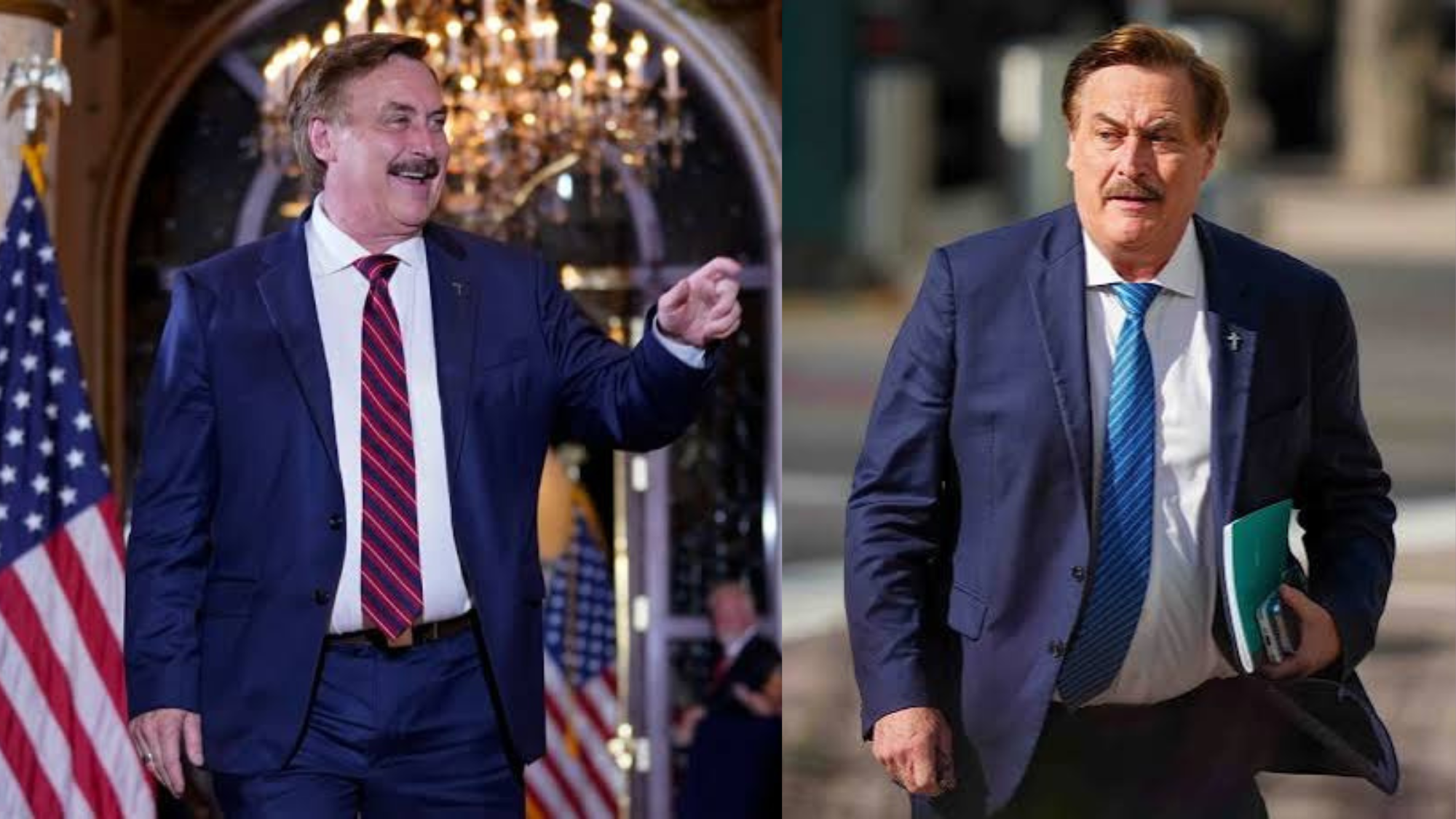 mike lindell in a blue suit speaking at an event and walking outdoors holding documents