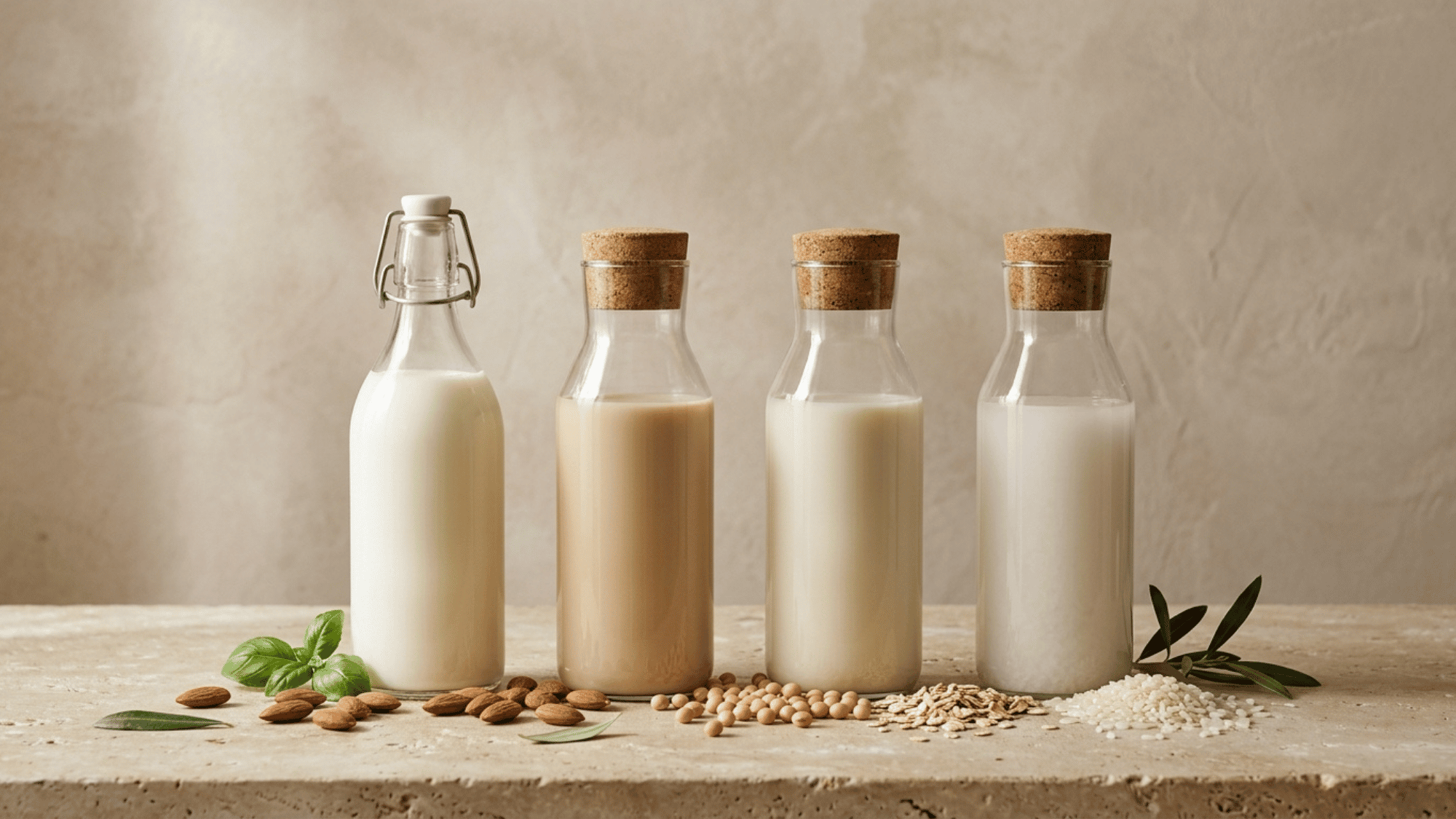 glass bottles displaying different dairy and plant milks