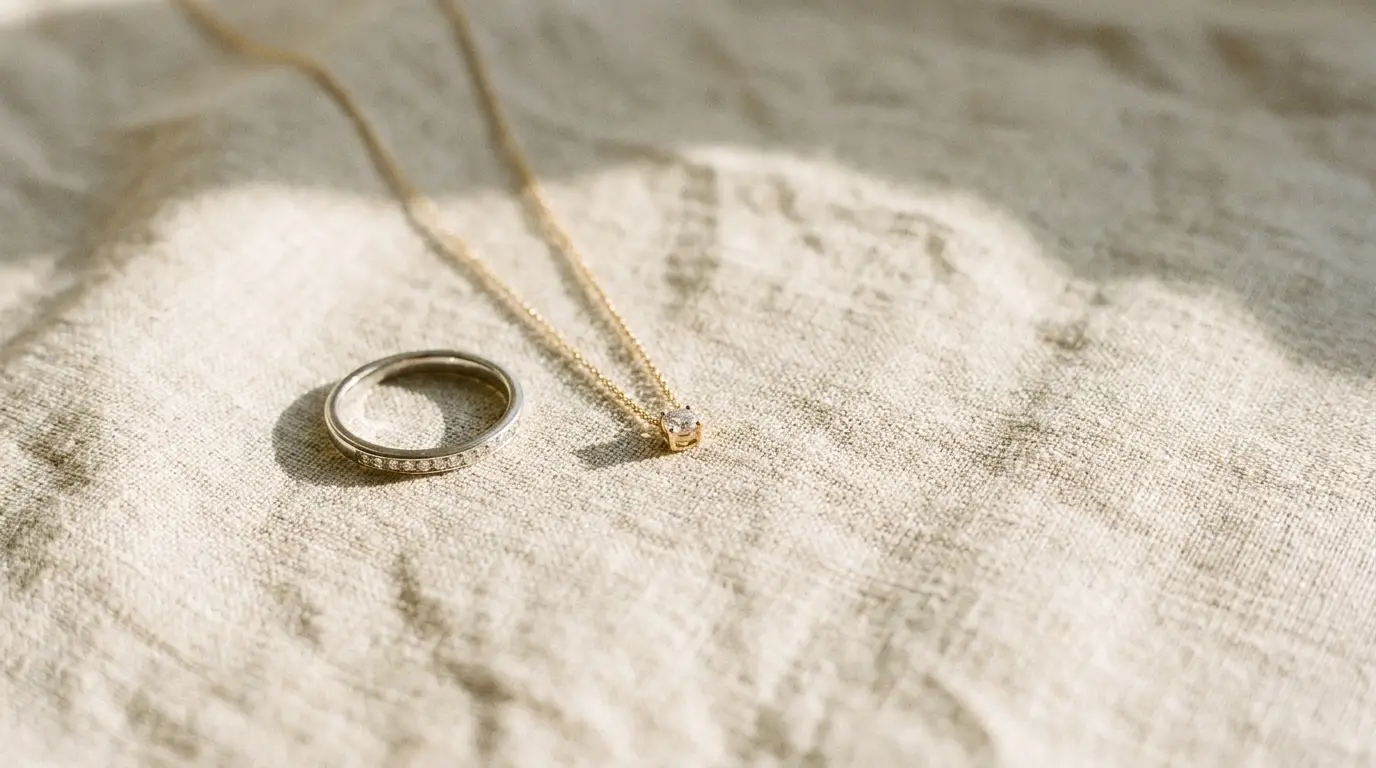 Gold necklace with diamond pendant and silver ring on beige fabric in warm sunlight