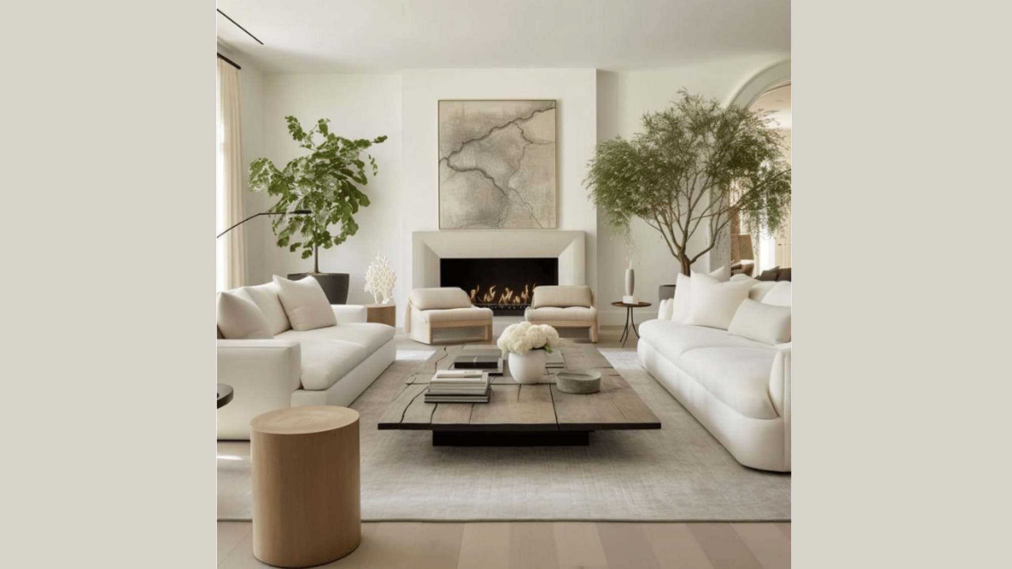 neutral-toned living room with curved sofas, abstract artwork, natural textures, and a fireplace creating a serene atmosphere.