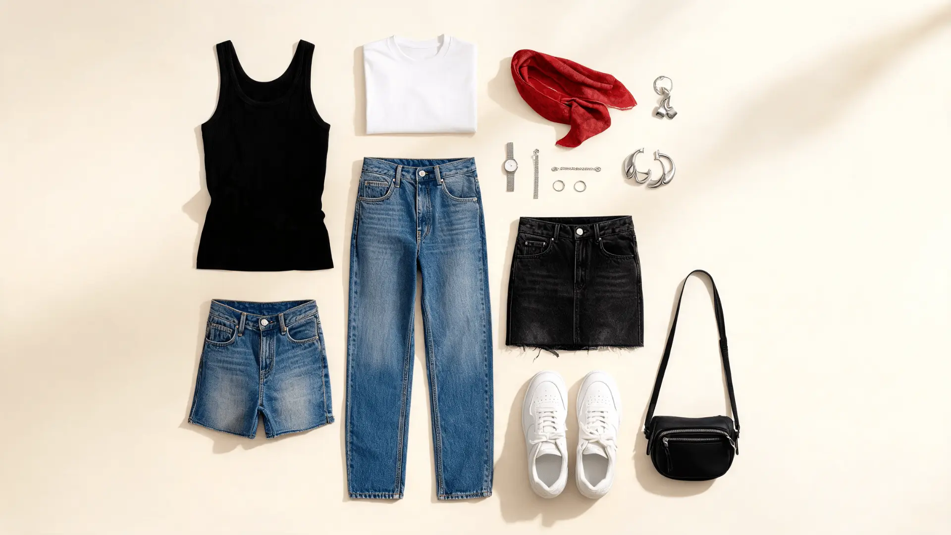 plain tank jeans denim skirt shorts white sneakers red scarf and silver earrings in a flat lay outfit board
