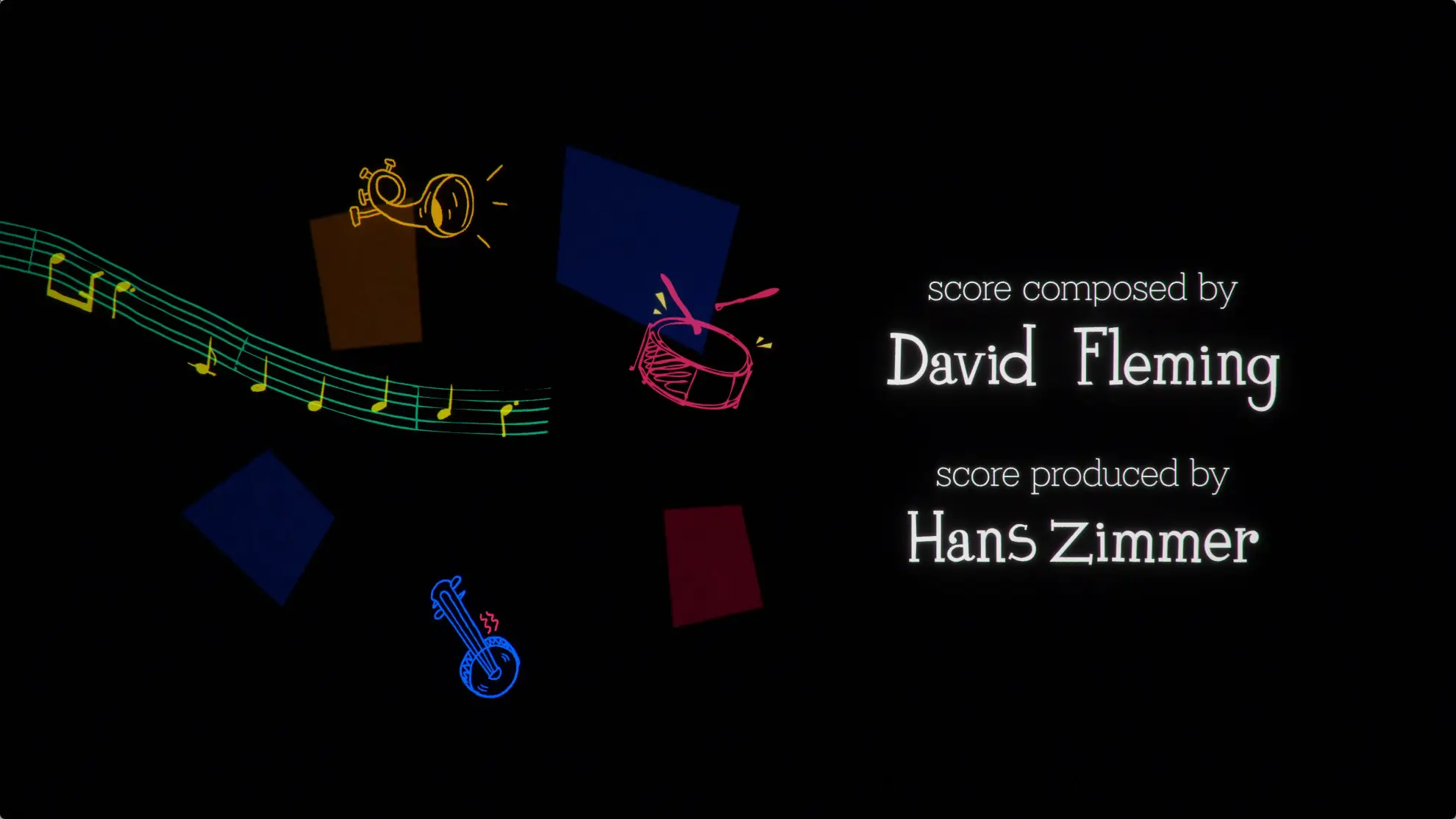 Colorful musical notes and instruments on black background with text credits on right side