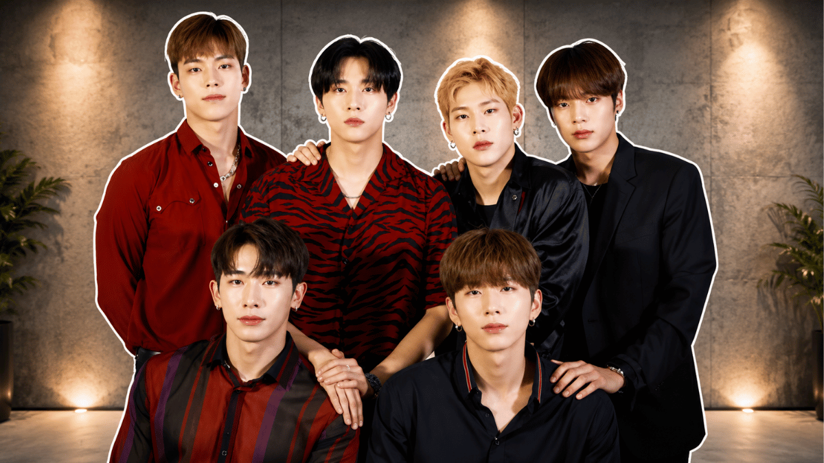 MONSTA X members posing in stylish outfits at a modern studio