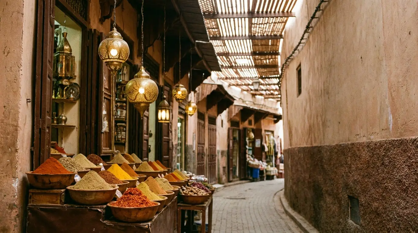 Baskets of colorful spices on display in narrow marketplace alley with hanging lanterns