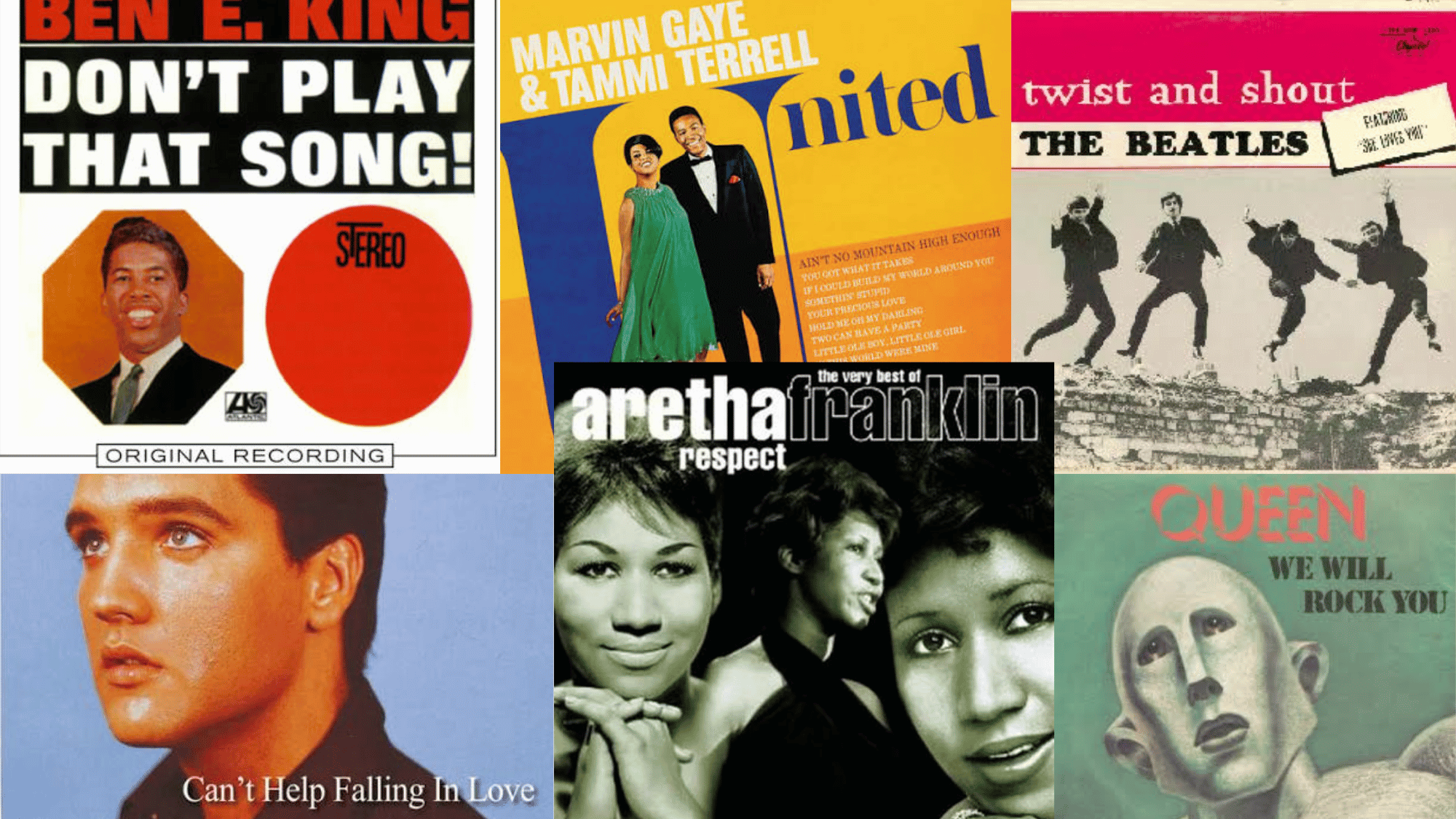 Vintage album covers featuring classic karaoke songs from Elvis, Queen, Beatles, and Aretha.