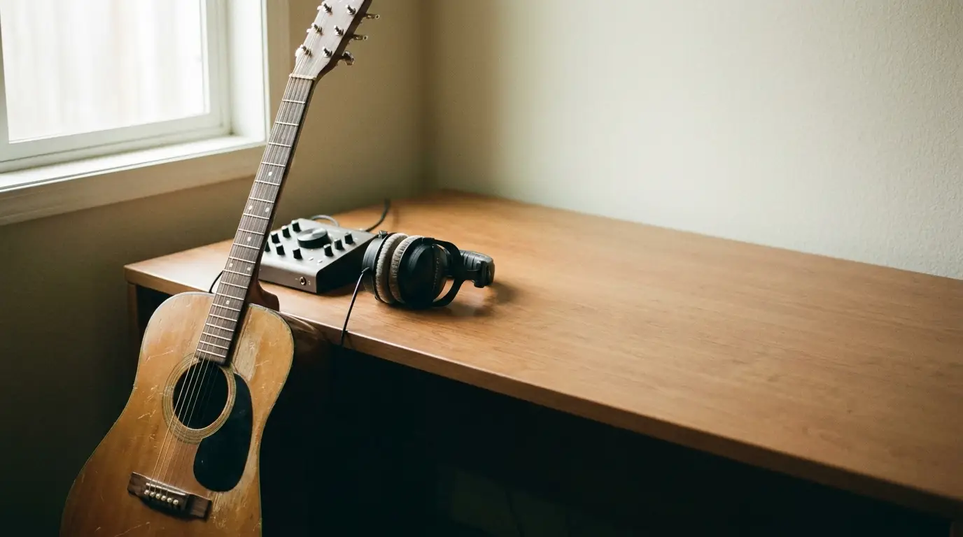 Guitar, headphones, and audio equipment on wooden desk by window in soft natural light