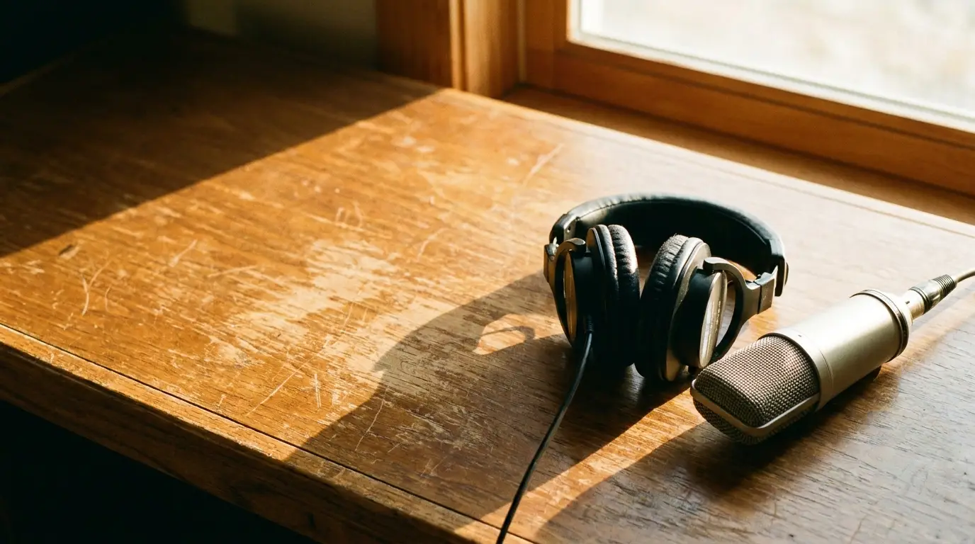 Headphones and microphone on wooden desk near window under natural light