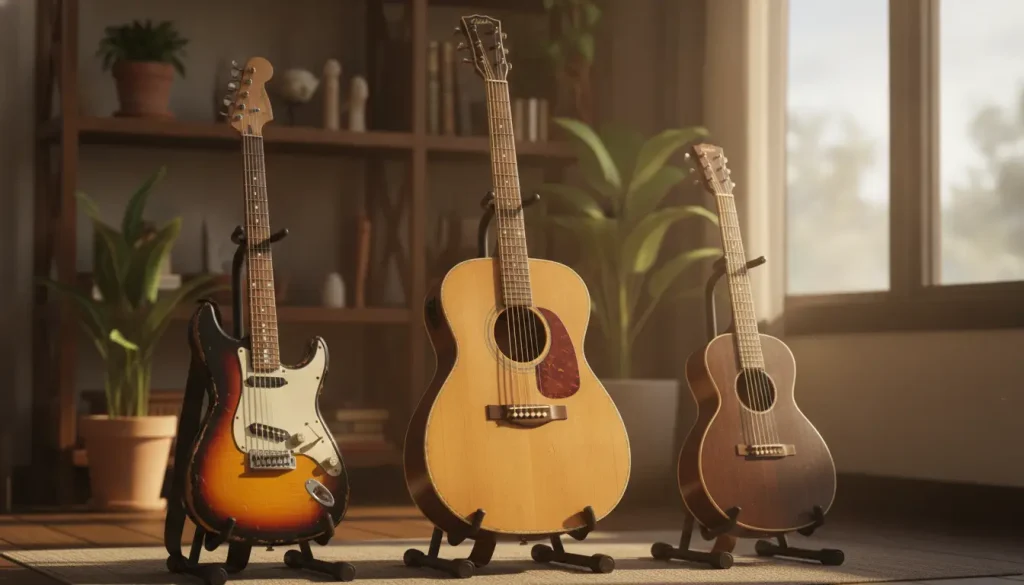 Three guitars on stands in a sunlit room with plants and bookshelves