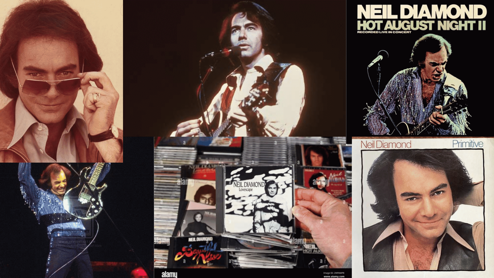 Collage of Neil Diamond photos and album covers, including Hot August Night II