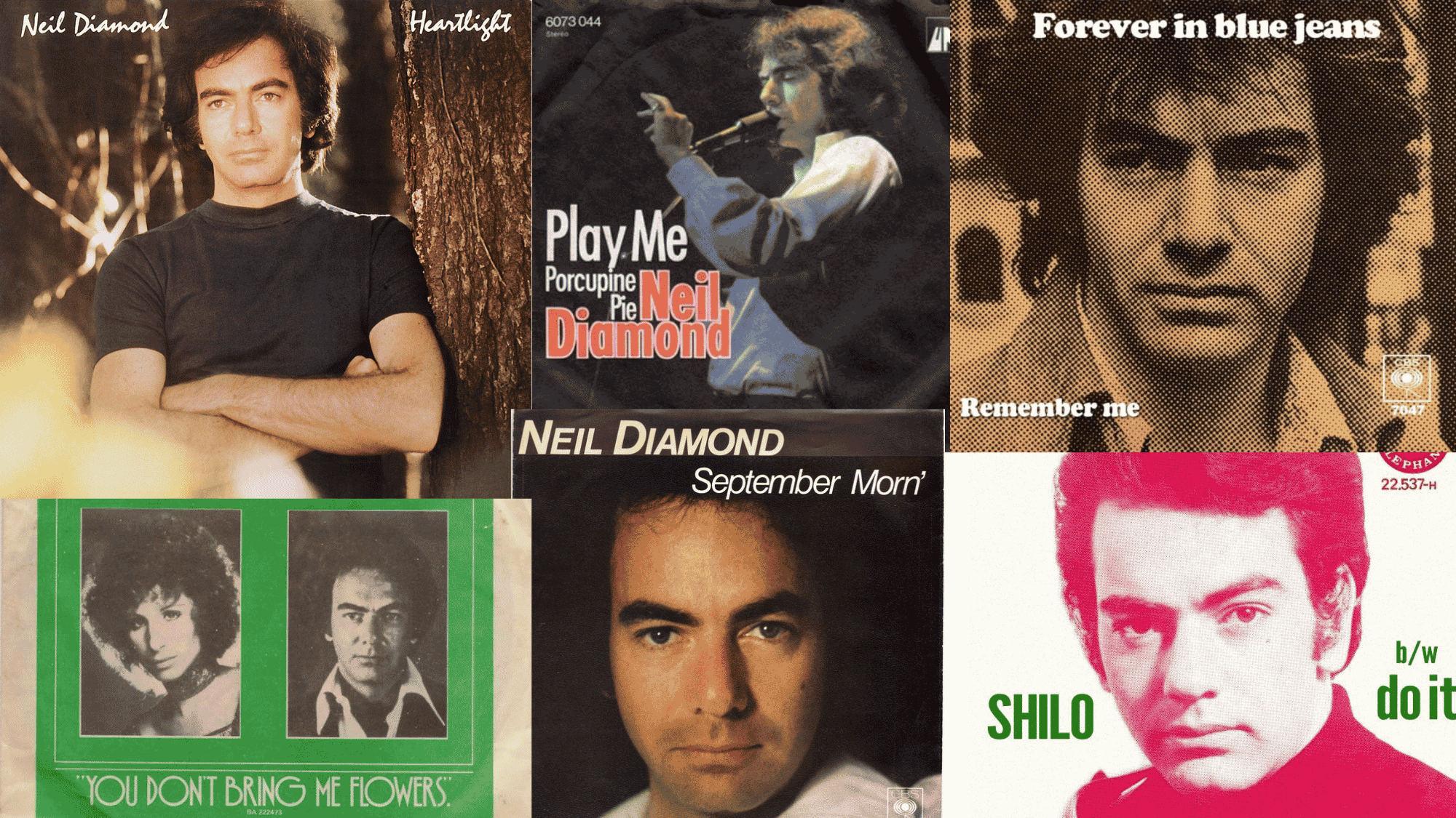 Collage of six Neil Diamond single covers including Heartlight, Play Me, and Shilo