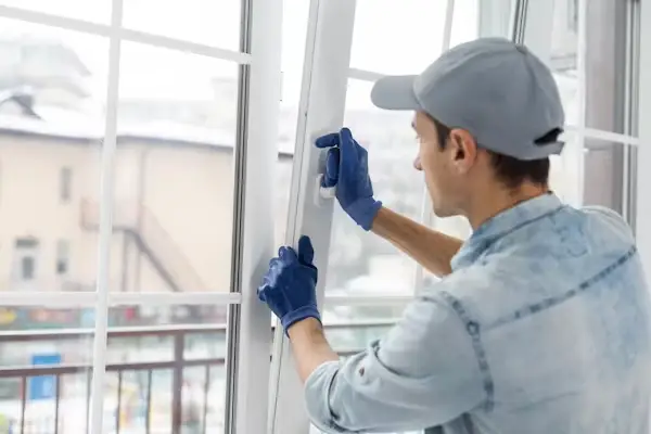 Worker with blue gloves adjusting window frame in modern home setting