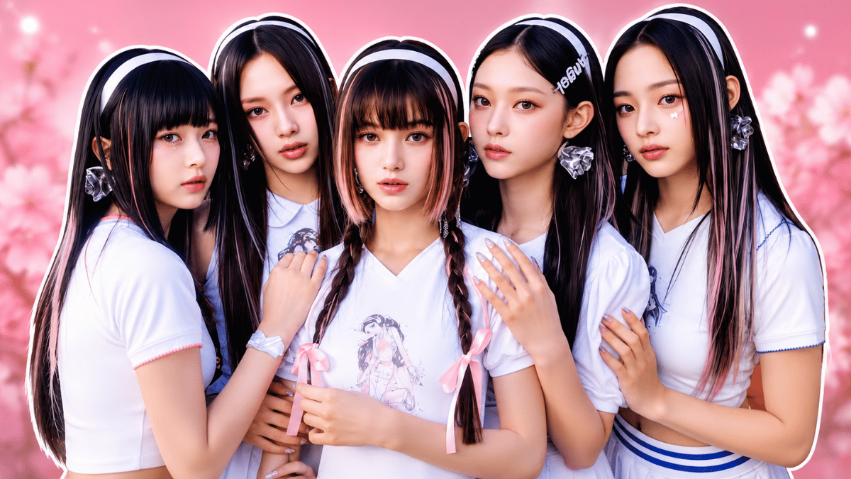 NewJeans members posing in white outfits against a pastel pink backdrop