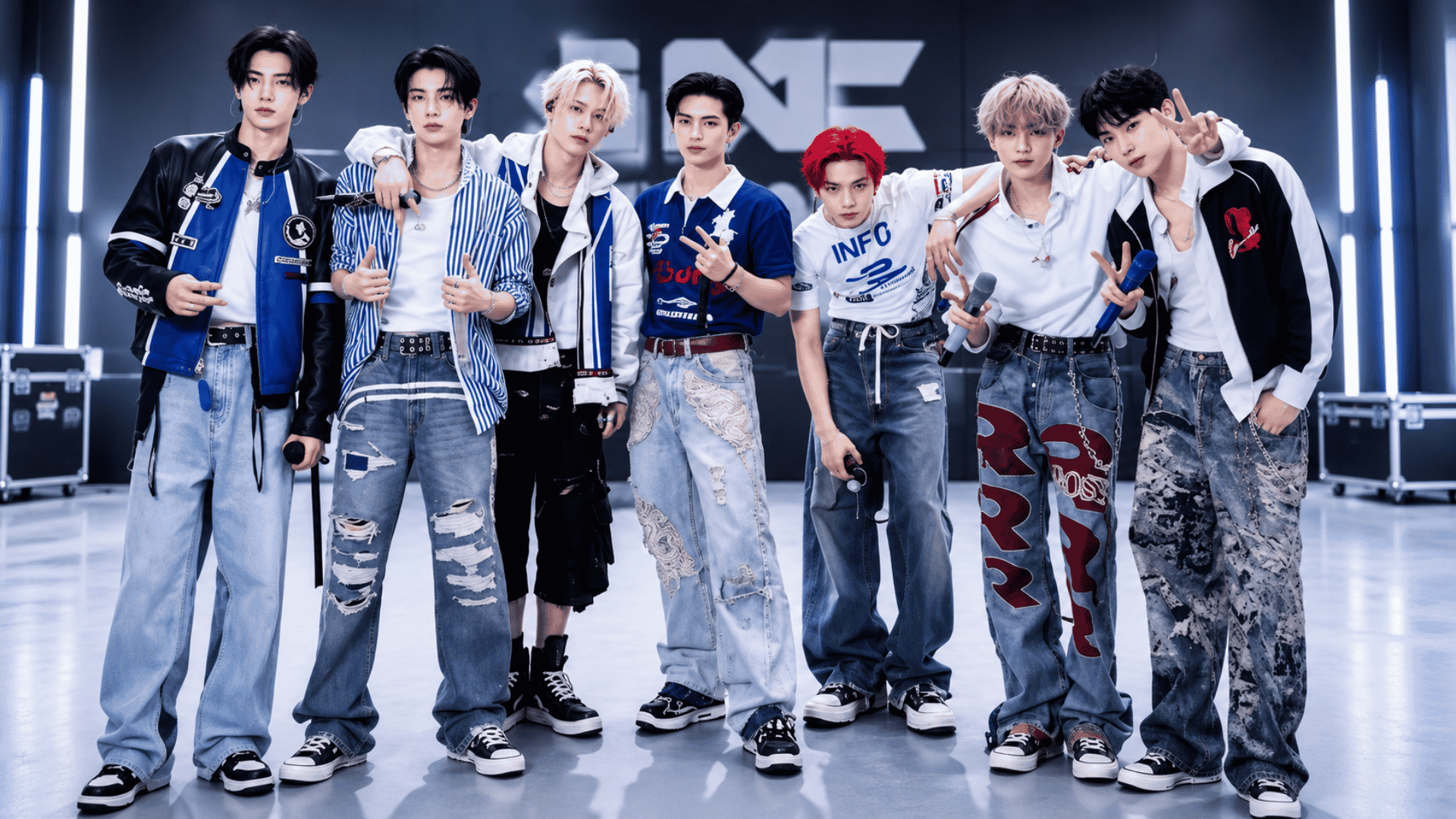 ENHYPEN members posing together in denim streetwear on a futuristic studio stage.