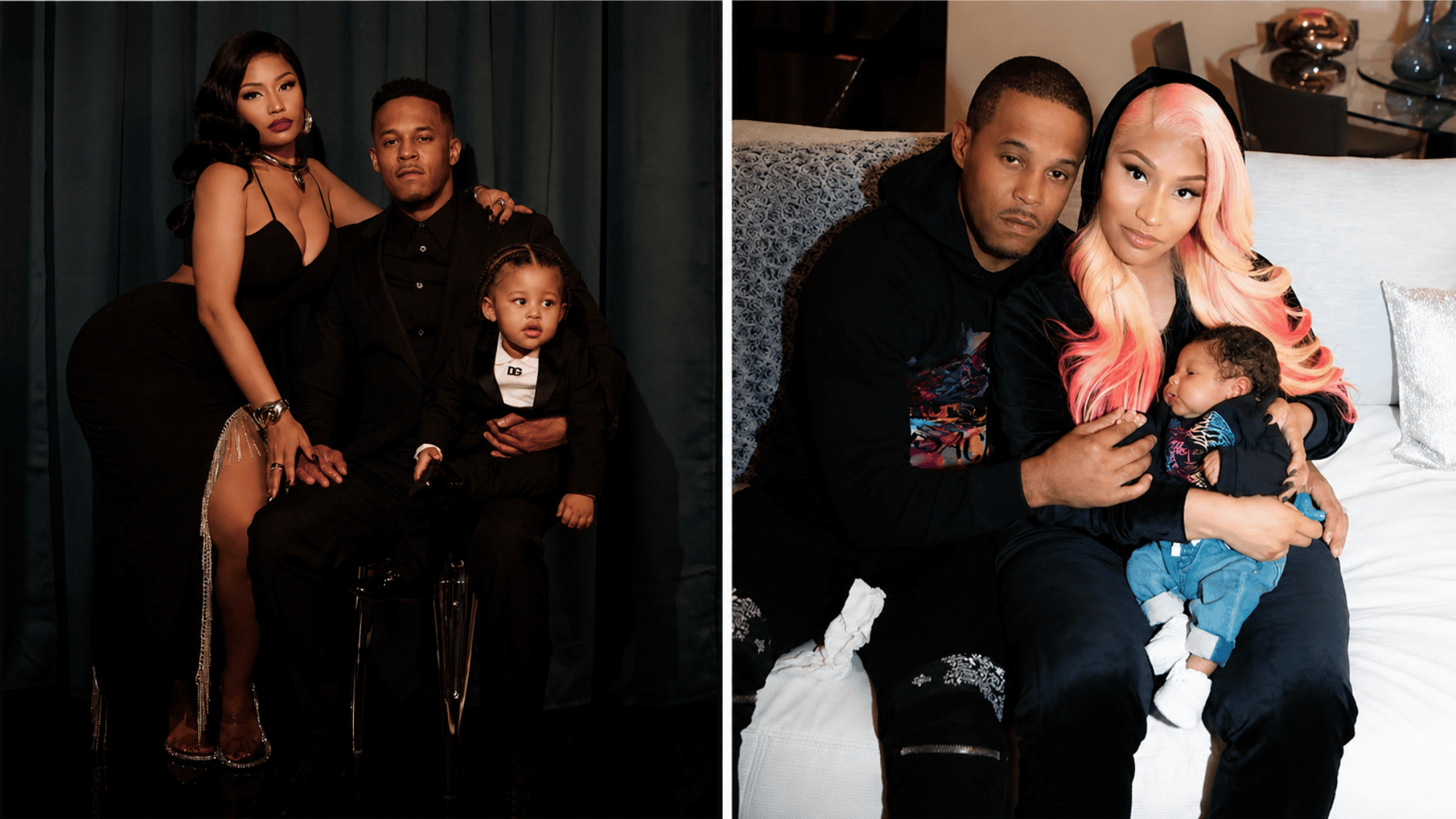 Family portrait of a stylish couple posing with their young child in coordinated black outfits.