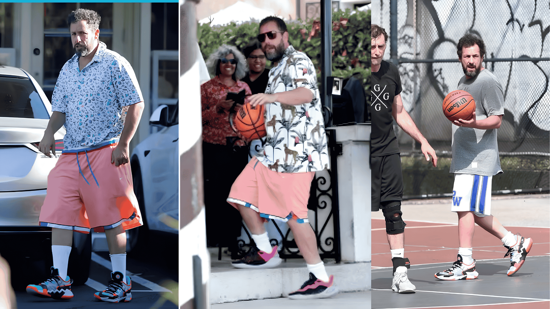 Three outfits highlighting colorful Nike sneakers with basketball shorts