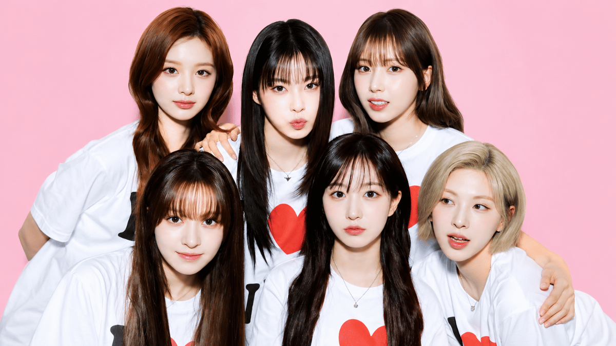 nmixx members posing in elegant white outfits on a pastel pink backgroundblackpink members posing in elegant black outfits on a pastel pink background