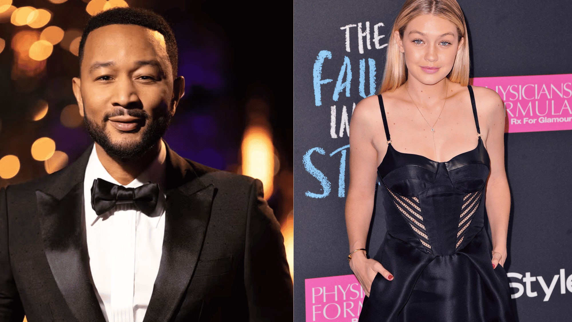 John Legend in black tuxedo and Gigi Hadid in black dress at separate events