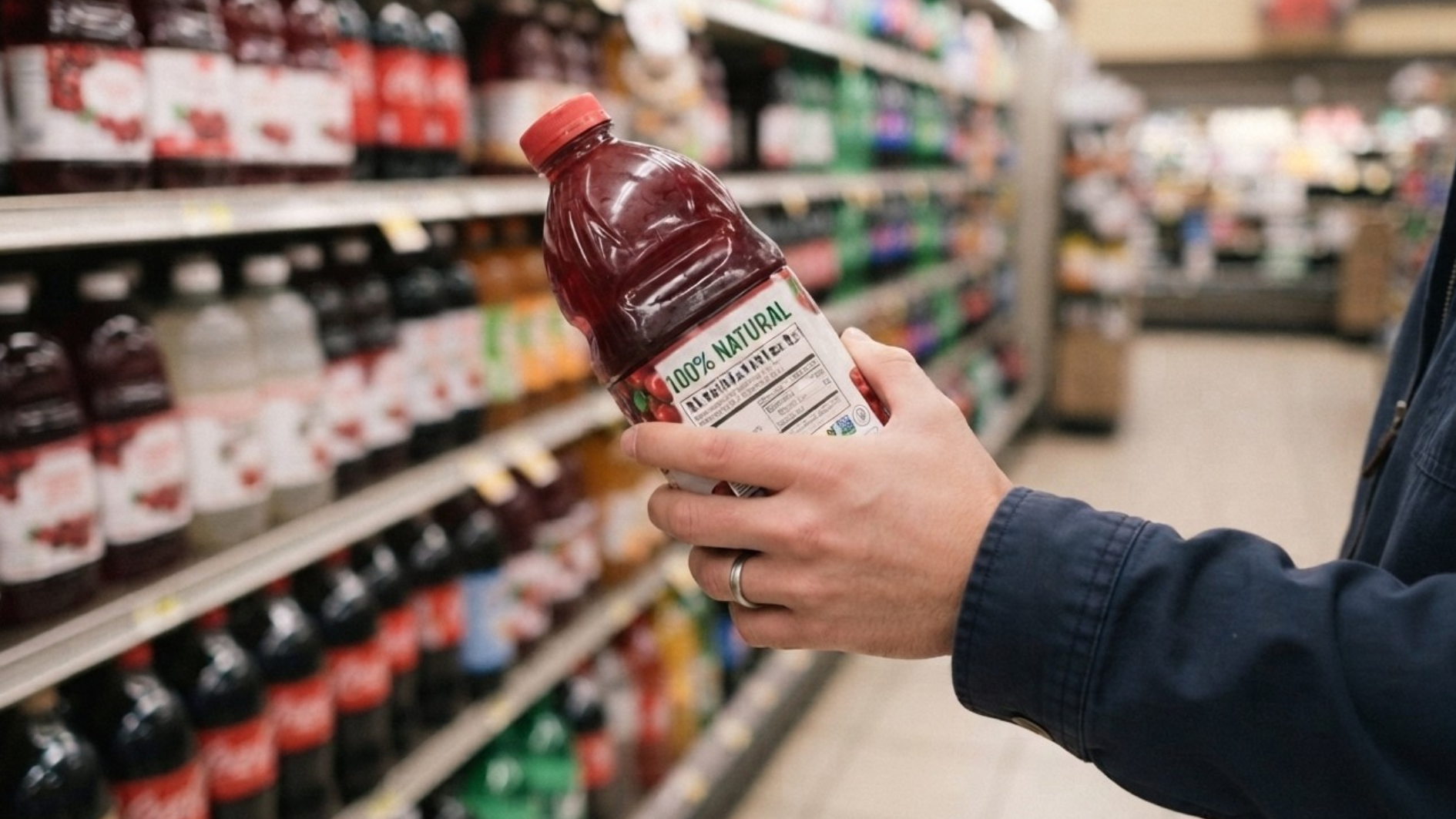 person reading the nutrition label on a cranberry juice bottle while shopping in a grocery store beverage aisle