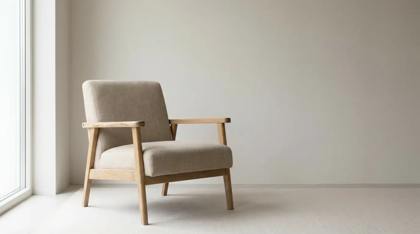 Beige upholstered armchair with wooden frame in a minimalist room with soft lighting