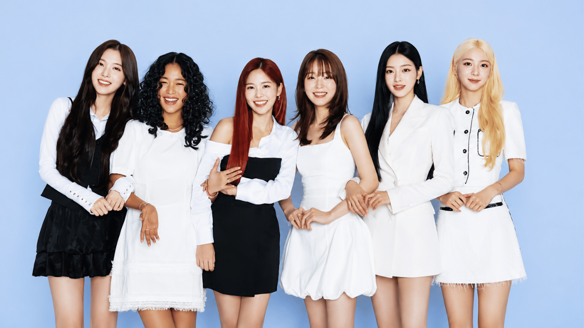 oh my girl members posing in elegant outfits on a pastel blue background
