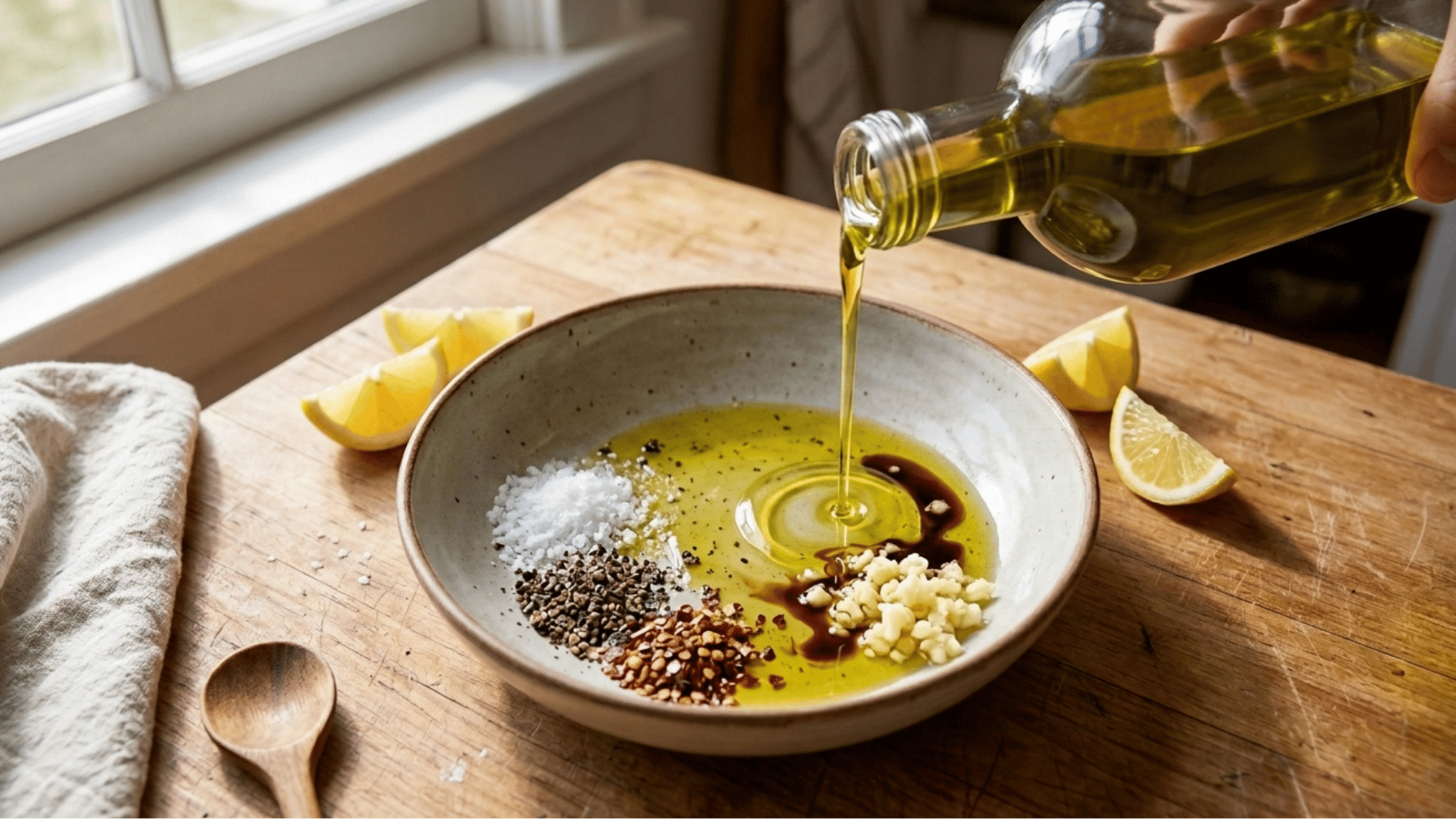 olive oil being poured into a bowl with garlic lemon salt pepper and spices to prepare a fresh homemade dressing
