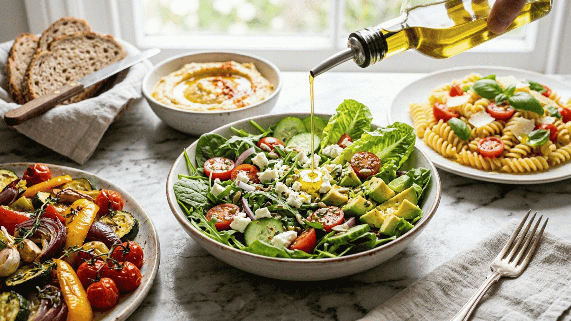 olive oil drizzled over fresh salad