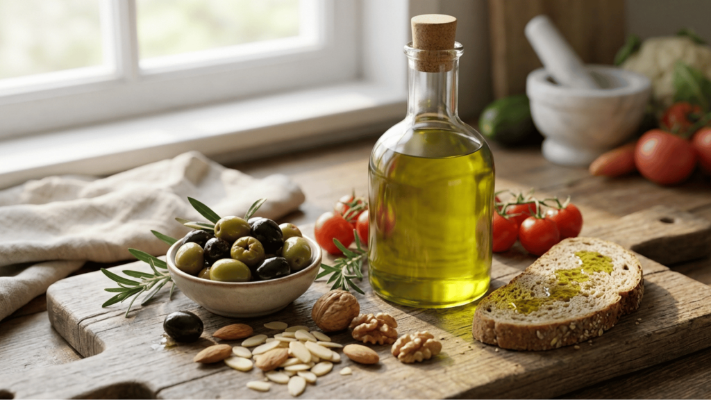 olive oil bottle with olives and fresh bread