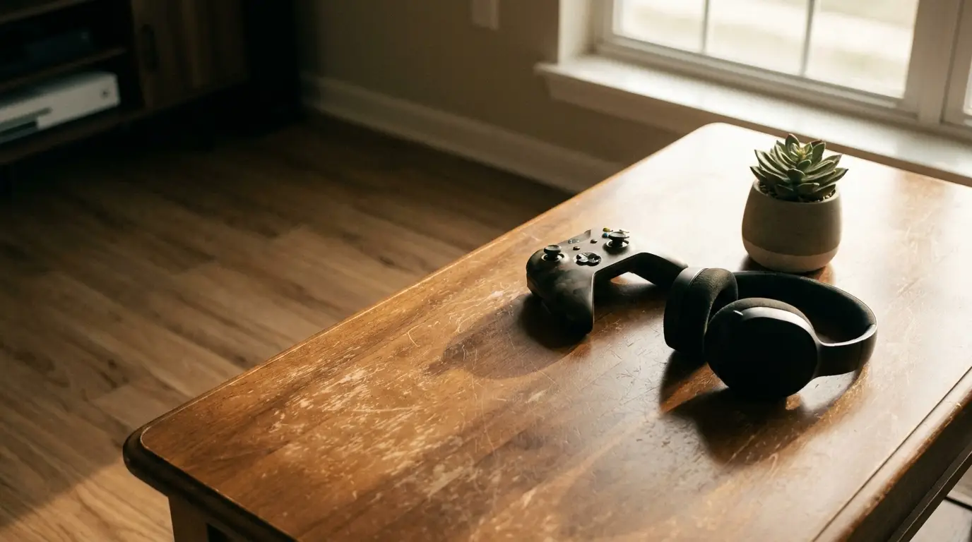 Game controller, headphones, and potted succulent on wooden table in sunlit living room