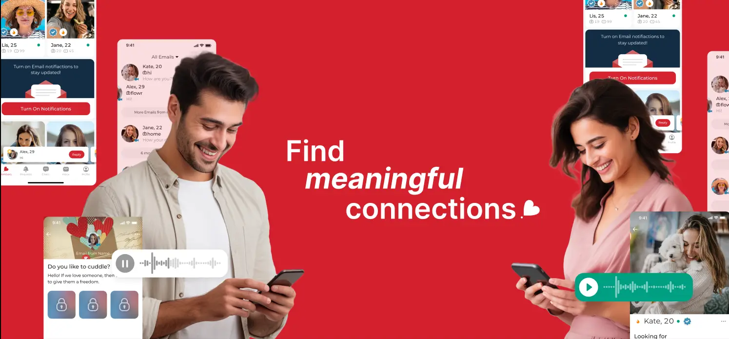 Two people smiling at smartphones with dating app interfaces on a red background