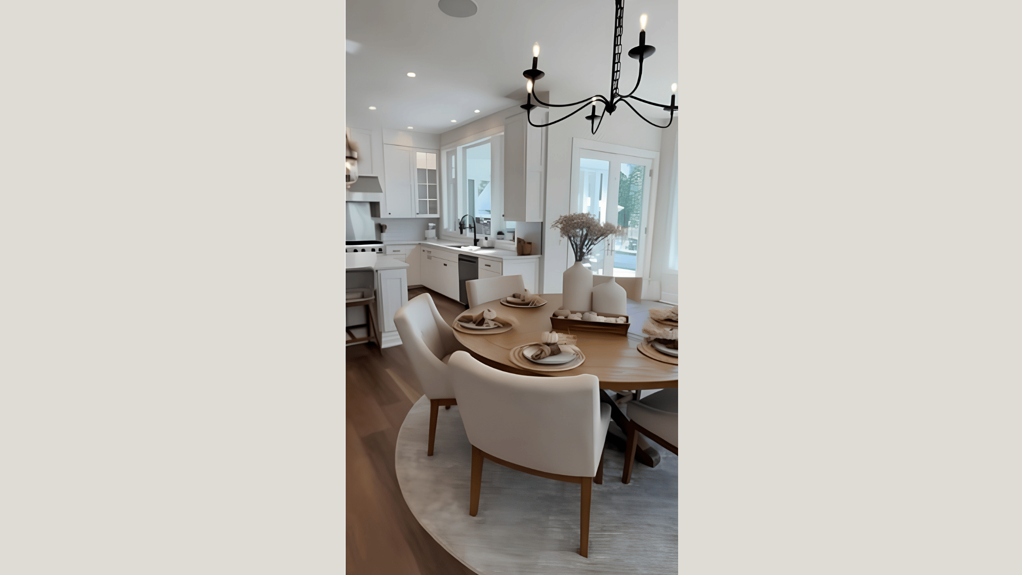 bright dining area featuring upholstered chairs, neutral decor, modern lighting, and seamless flow.