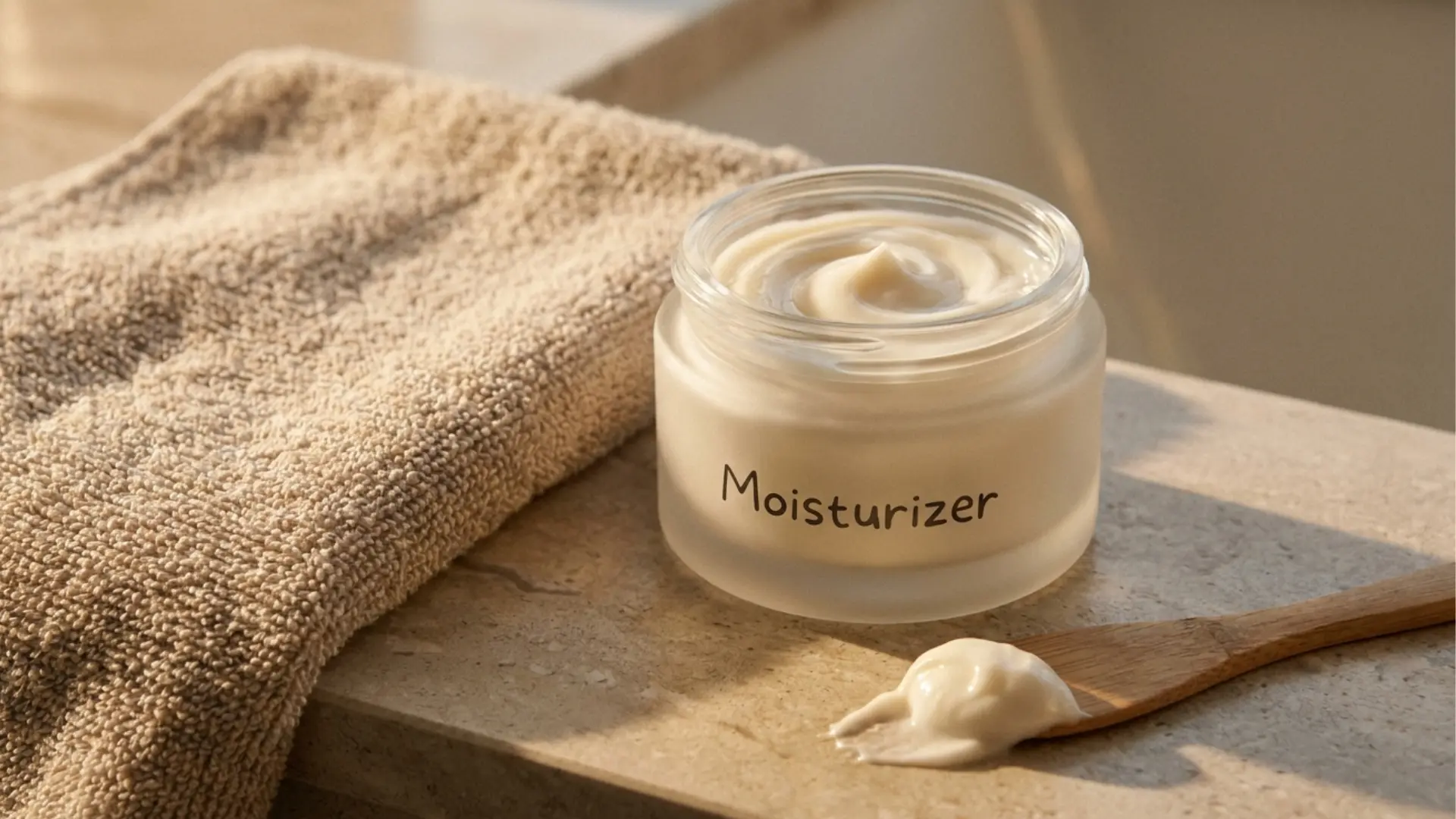 open moisturizer jar with a swirl of cream beside a folded towel on a counter