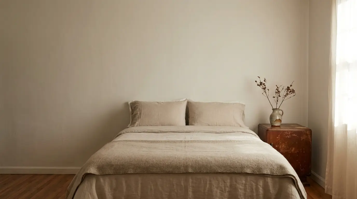 Minimalist bedroom with beige bed, wooden nightstand, and pottery vase in natural light