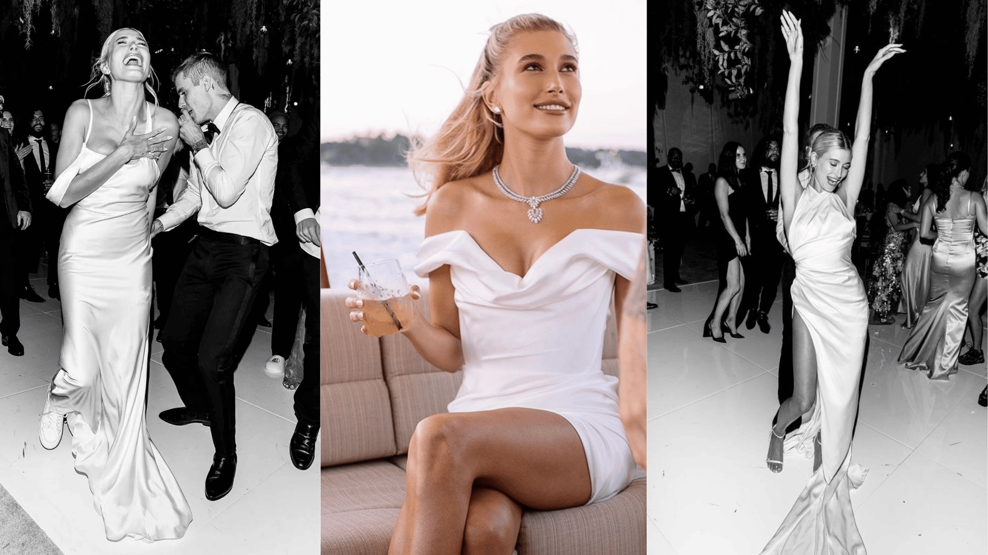 bridal reception dress collage with white gowns, dancing scenes, and wedding-week outfit details