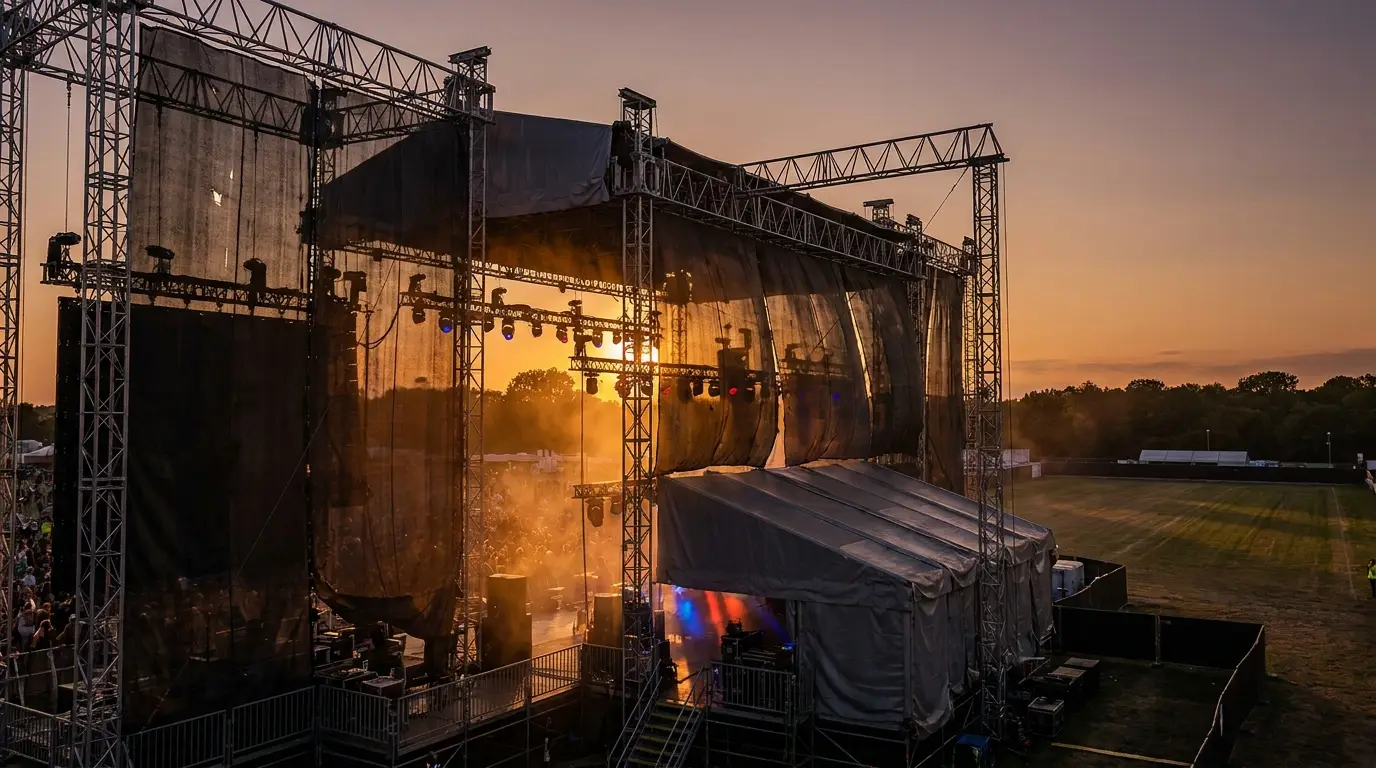 Outdoor music festival stage with lighting setup at sunset, large field and crowd in background