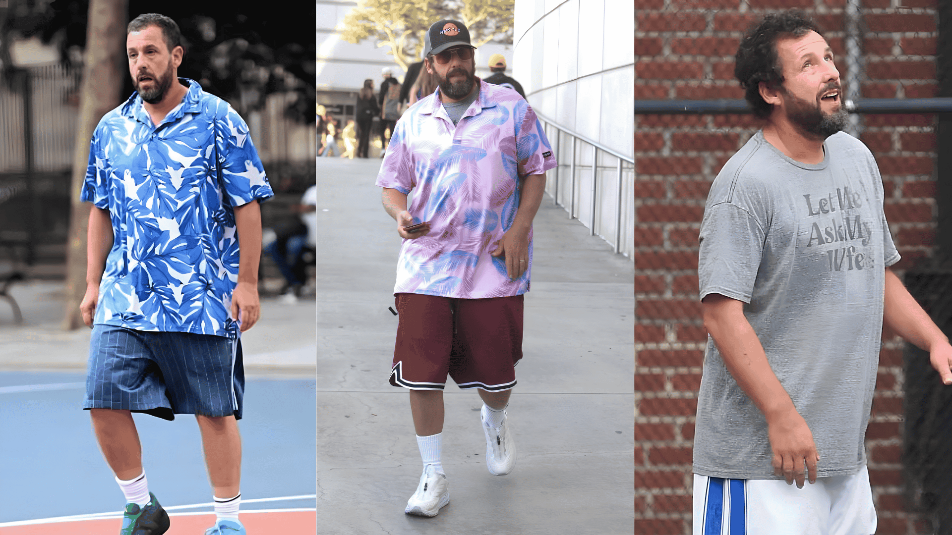 Three oversized printed shirt outfits with basketball shorts and sneakers