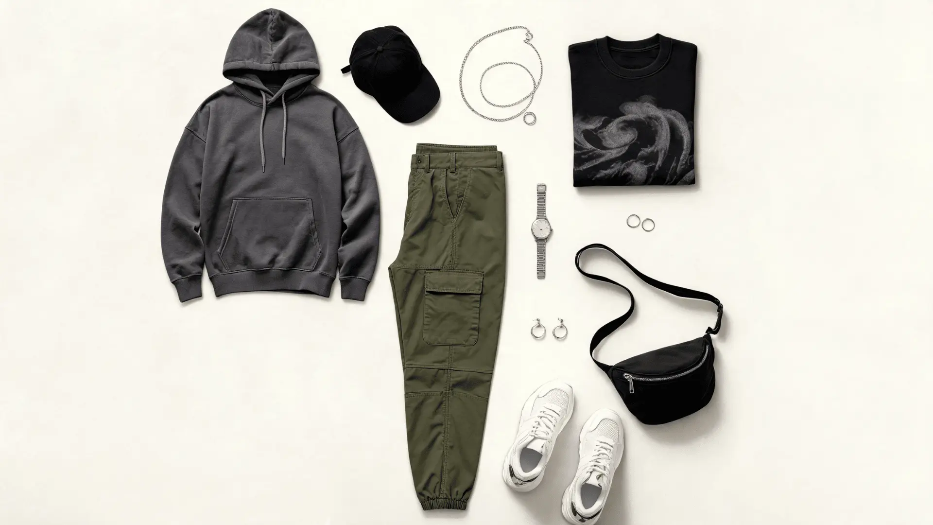 oversized charcoal hoodie tapered cargo pants white sneakers and black sling bag in a flat lay outfit board