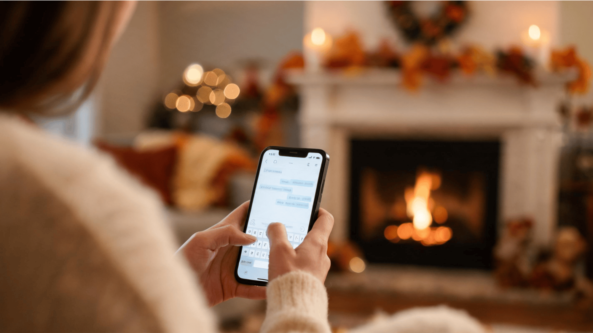 person holding smartphone typing thanksgiving text message with autumn background