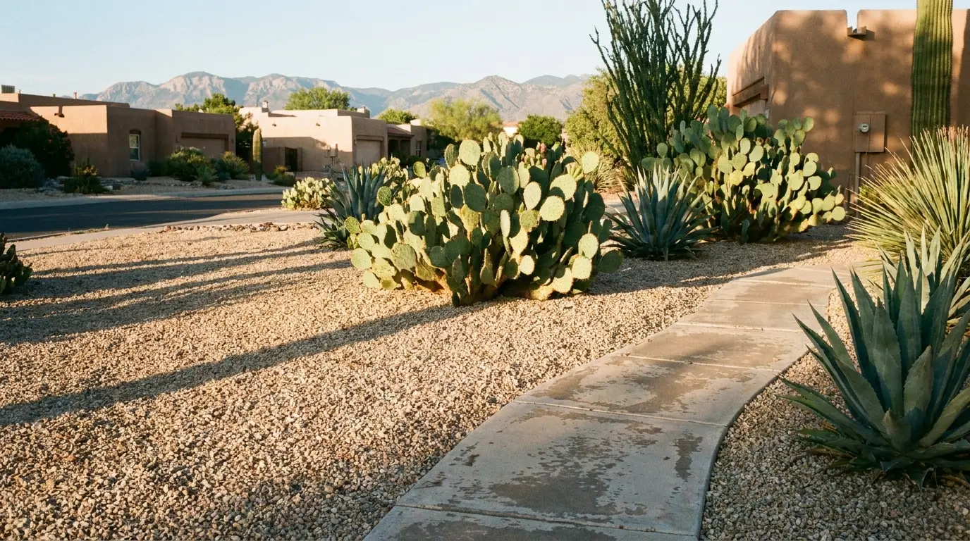 Cactus garden with agave plants and gravel pathway under bright sunlight in desert landscape