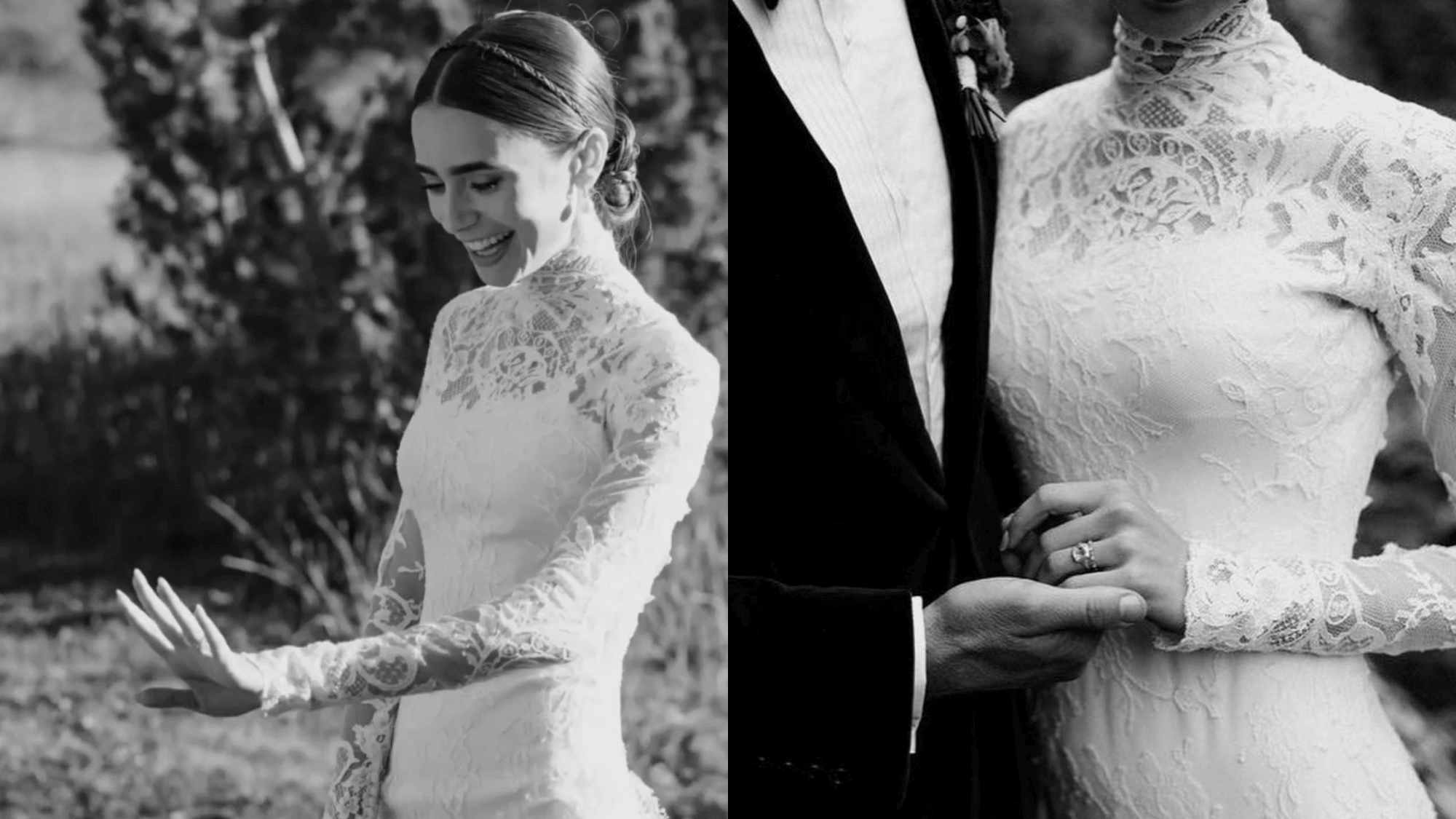 Lily Collins wears her lace Ralph Lauren wedding dress, highlighting elegant details and engagement ring.