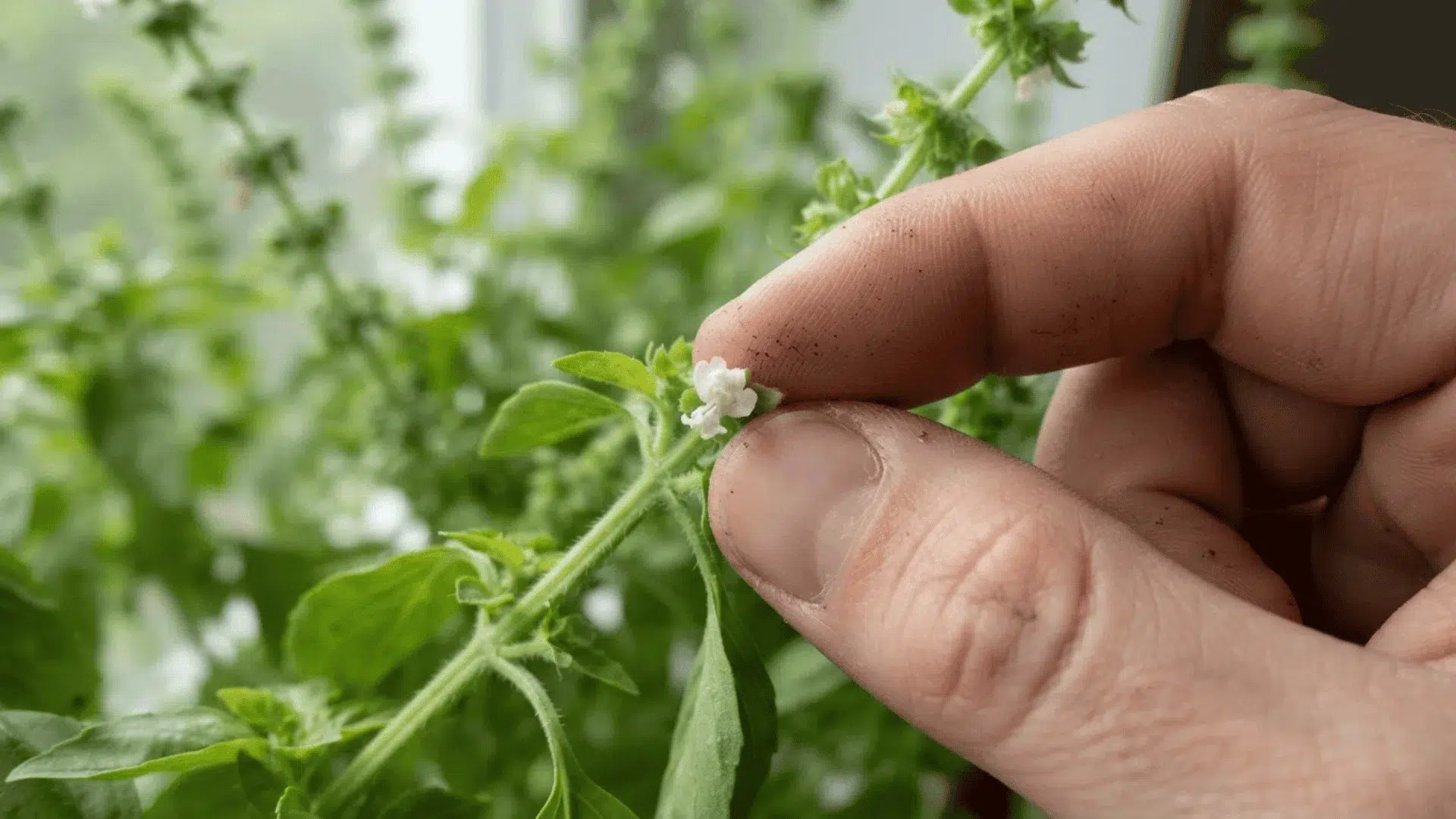fingers pinching a small white flower bud off a basil stem shown in close up detail