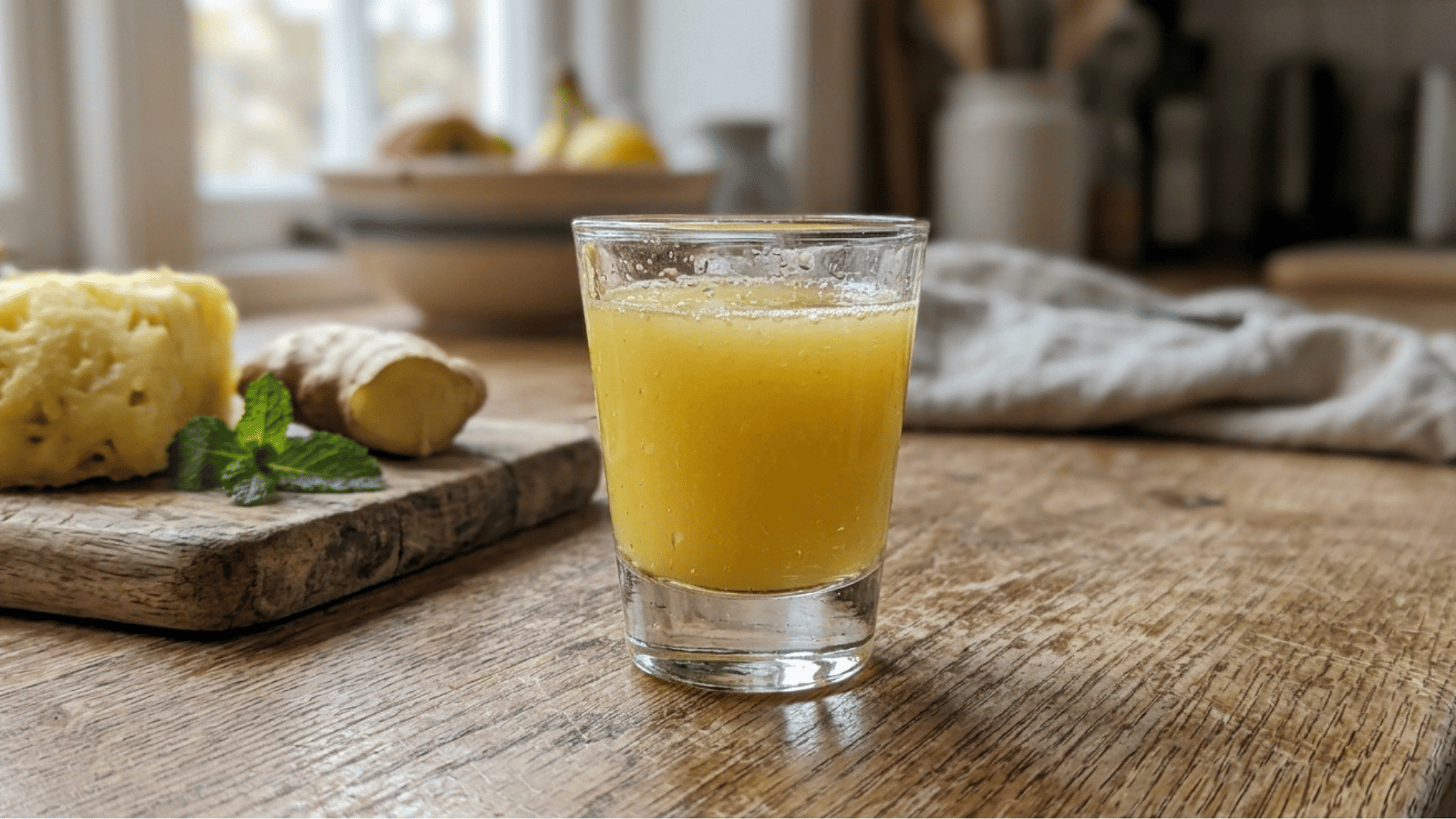 pineapple ginger shot in a clear glass on a wooden surface with fresh pineapple and ginger in background