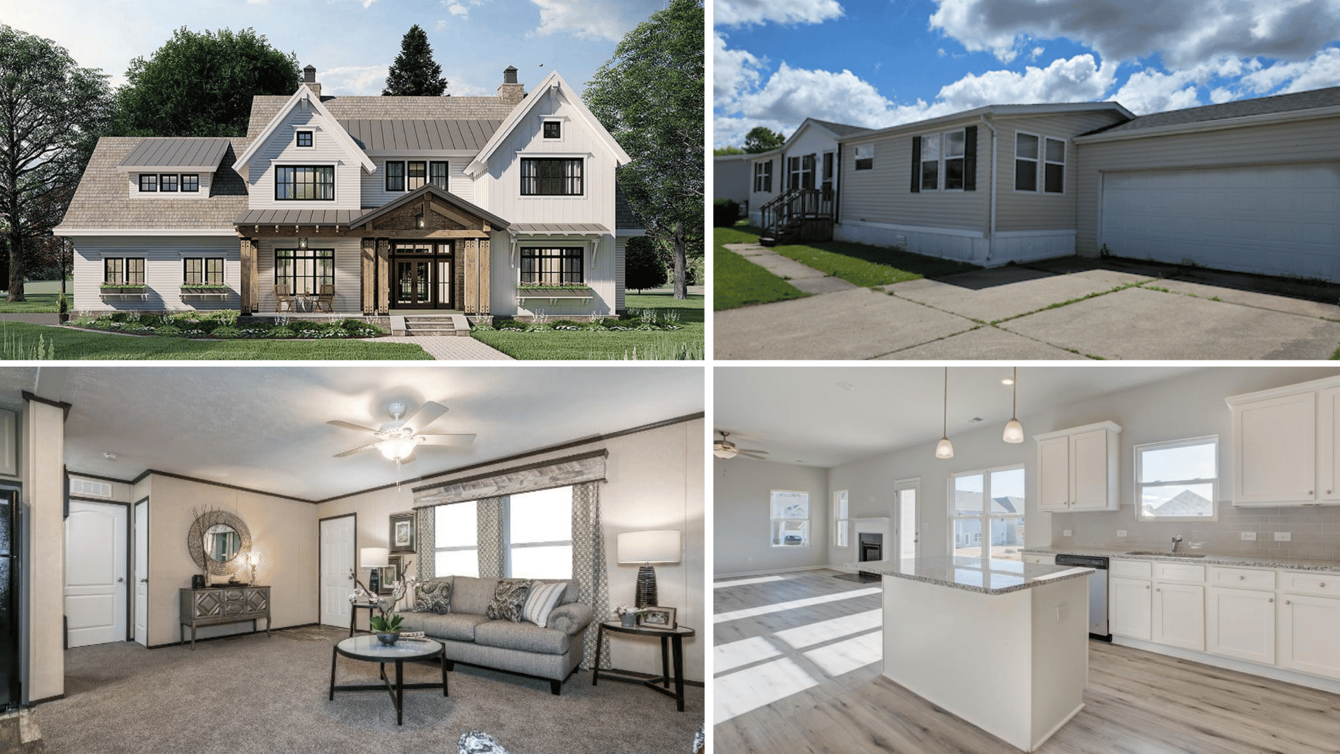 pineview estates manufactured homes showing exterior designs, spacious interiors, modern kitchen, living area, and community housing options