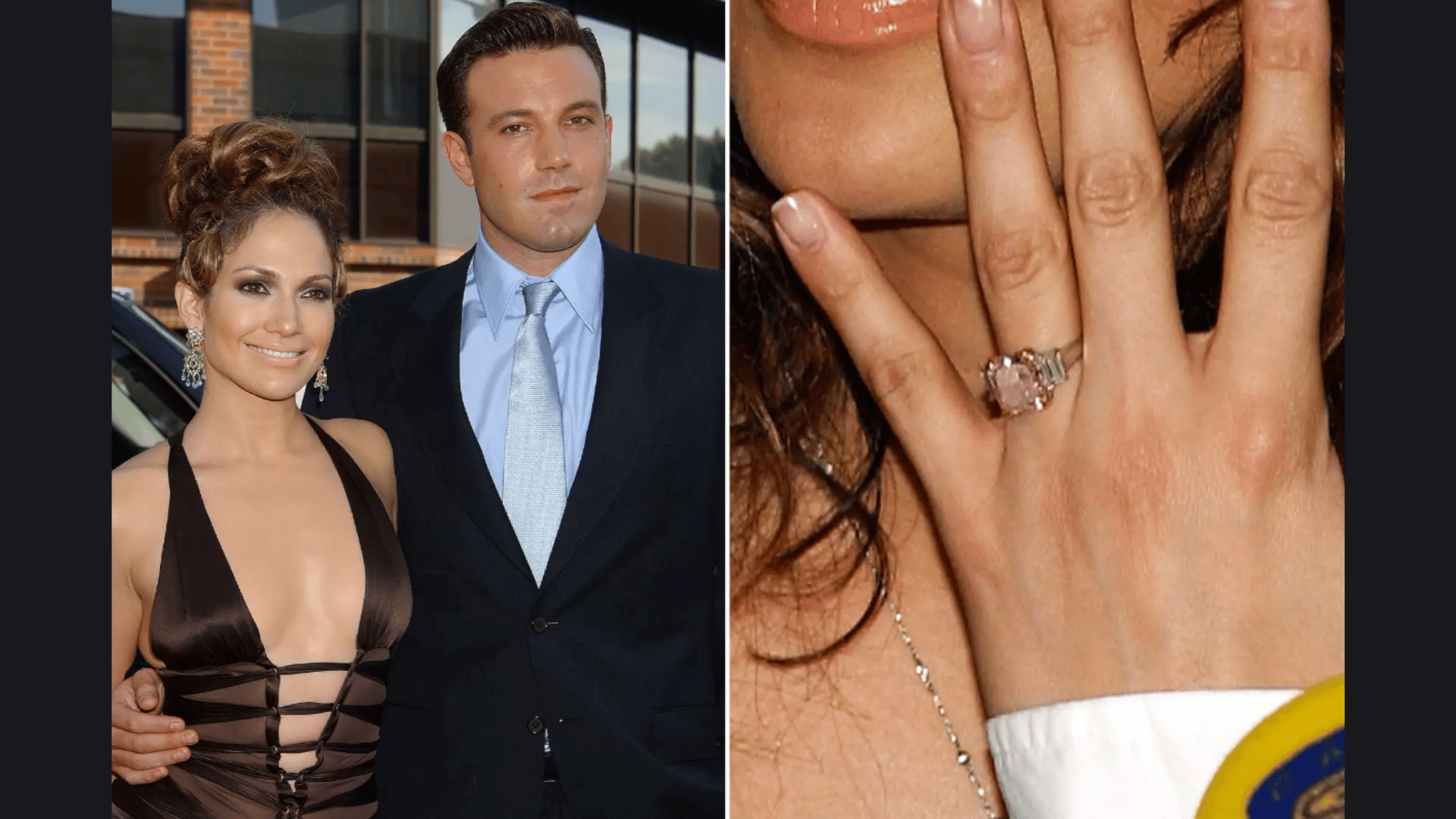 glamorous celebrity pair shown beside a close-up of a pink diamond engagement ring