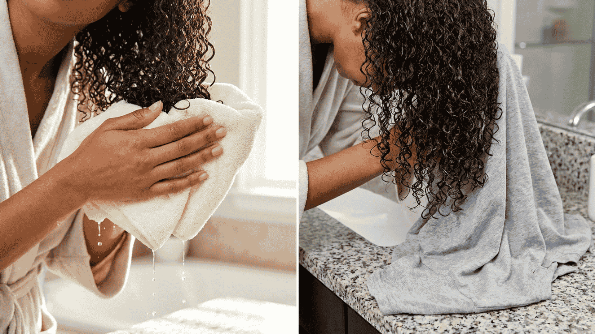 woman removing excess water and plopping wet curls with soft fabric