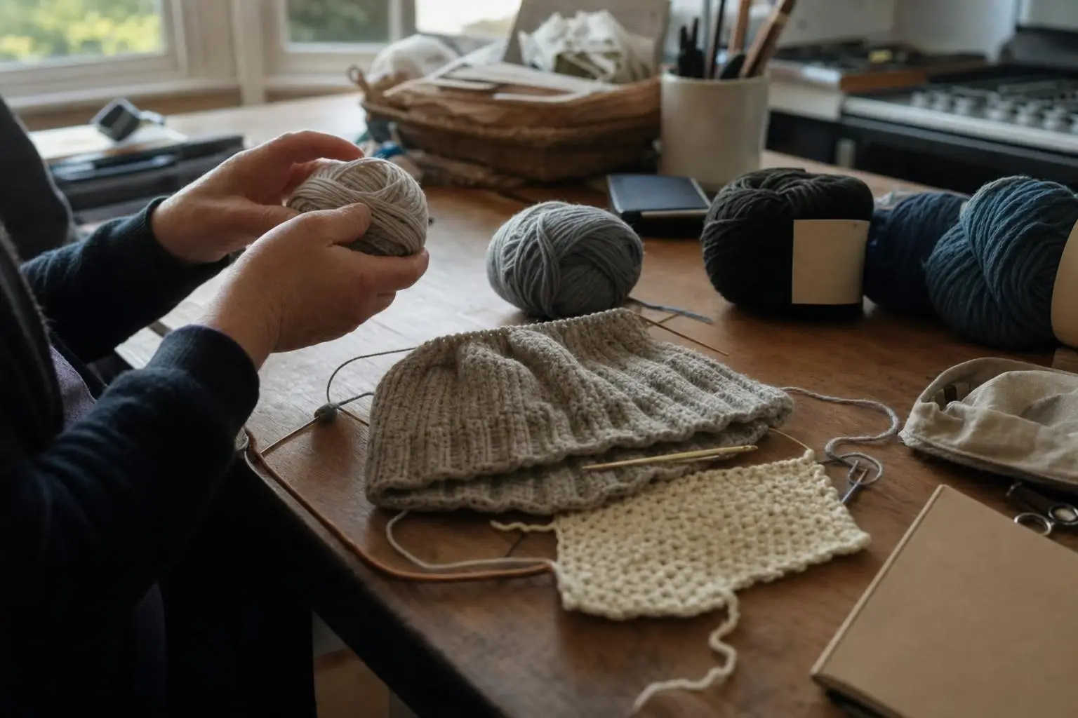 Hands holding yarn with knitted pieces on wooden table in cozy indoor setting