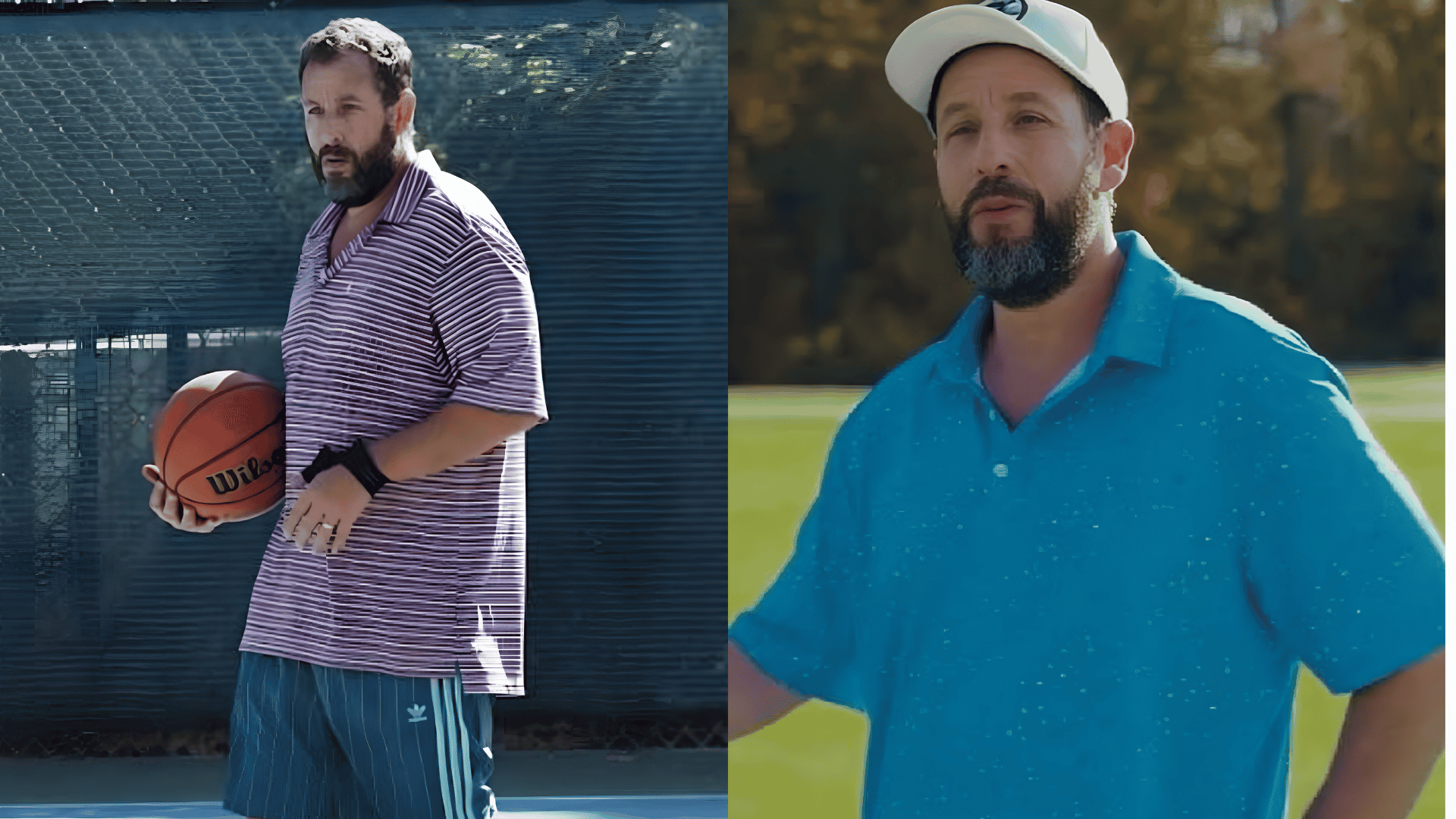 Man in striped polo shirt holding basketball and man in teal polo shirt outdoors